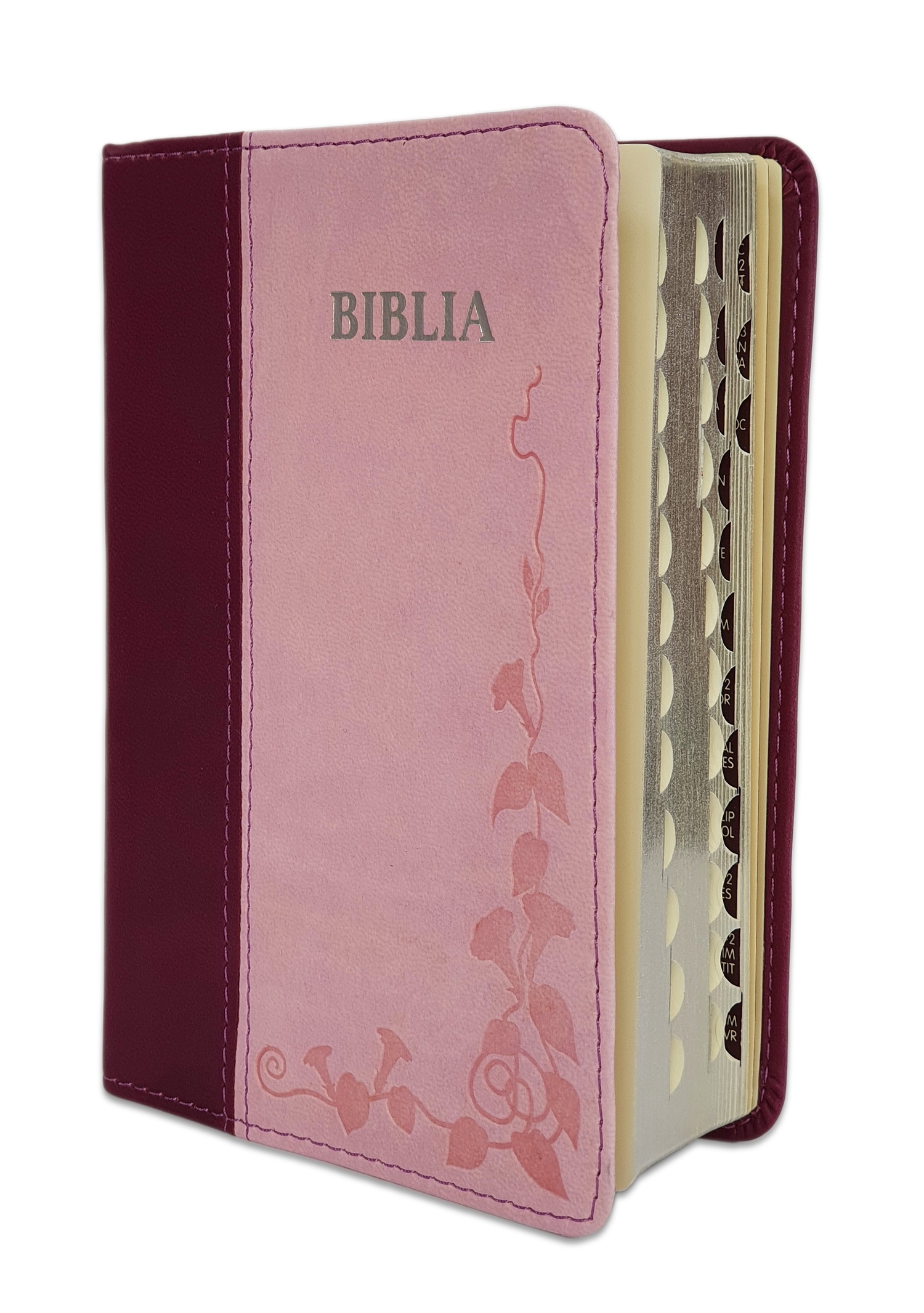 Biblie marime mica, piele ecologica, mov|roz , index, margini argintate, cuv. Isus rosu [SI 046 TI]