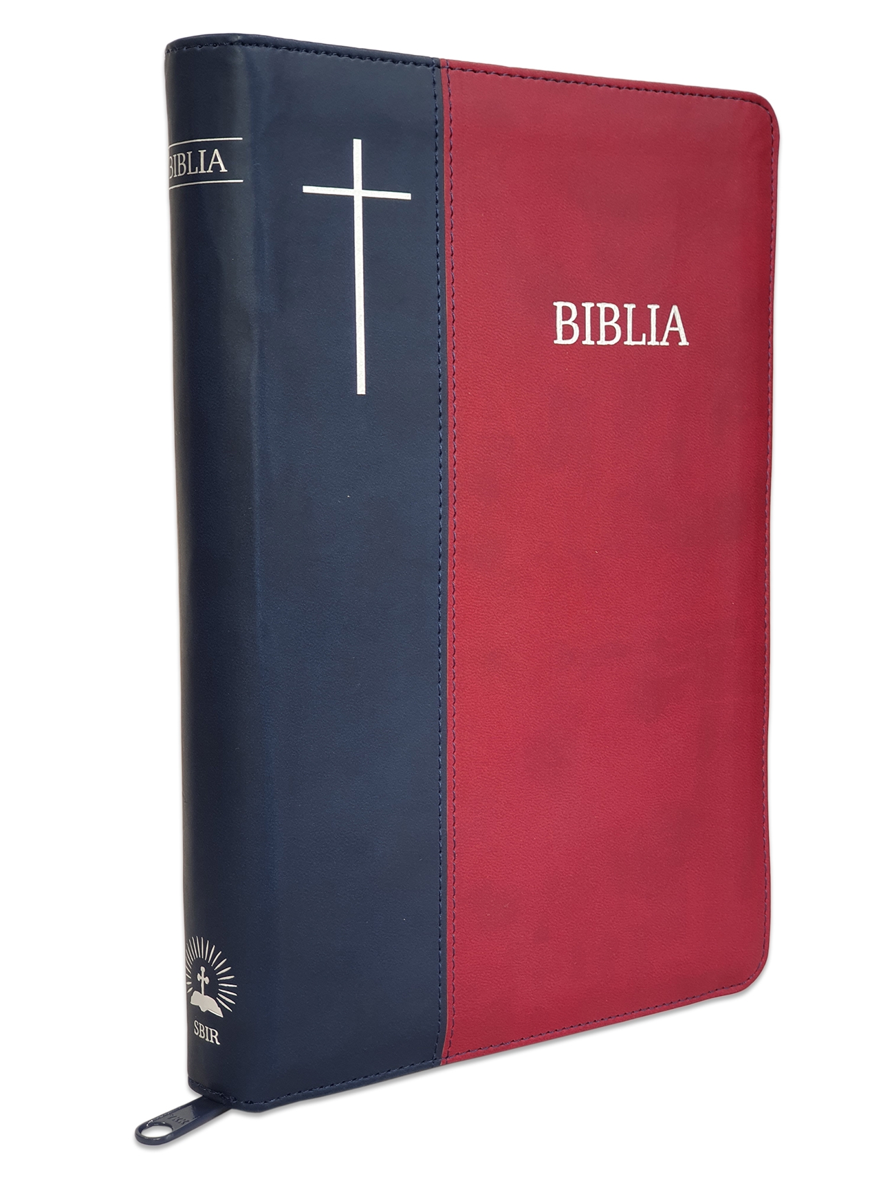 Biblie mare, piele ecologica, bleumarin / visiniu, fermoar, index, cuv. Isus cu rosu [SI 073 FI]