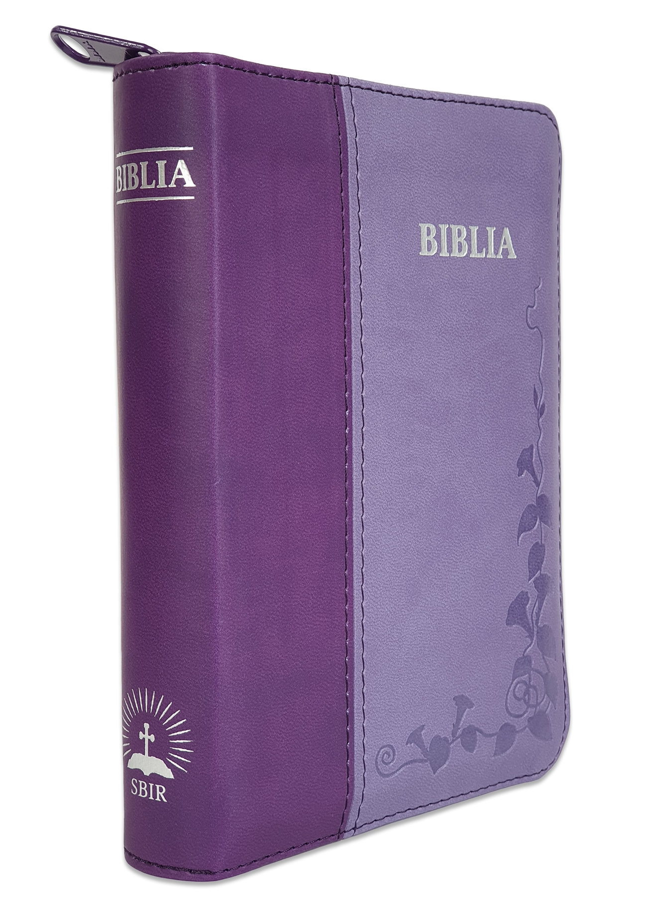 Biblie mica, piele ecologica, nuante de mov, fermoar, index, margini argintate, cuv. lui Isus cu rosu [SI 046 ZTI]
