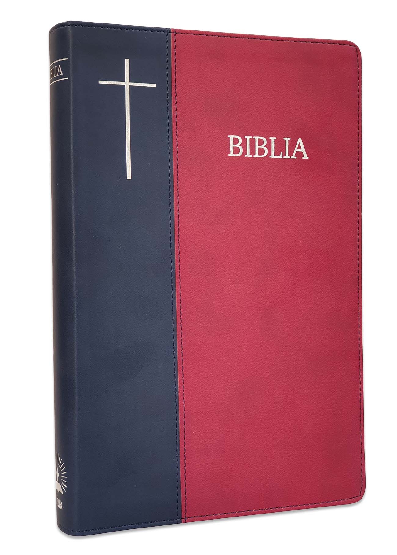 Biblia de lux, mare, coperta imitatie piele, bleumarin | visiniu, index, argintata, cuv. lui Isus cu rosu [SI 073 IP]