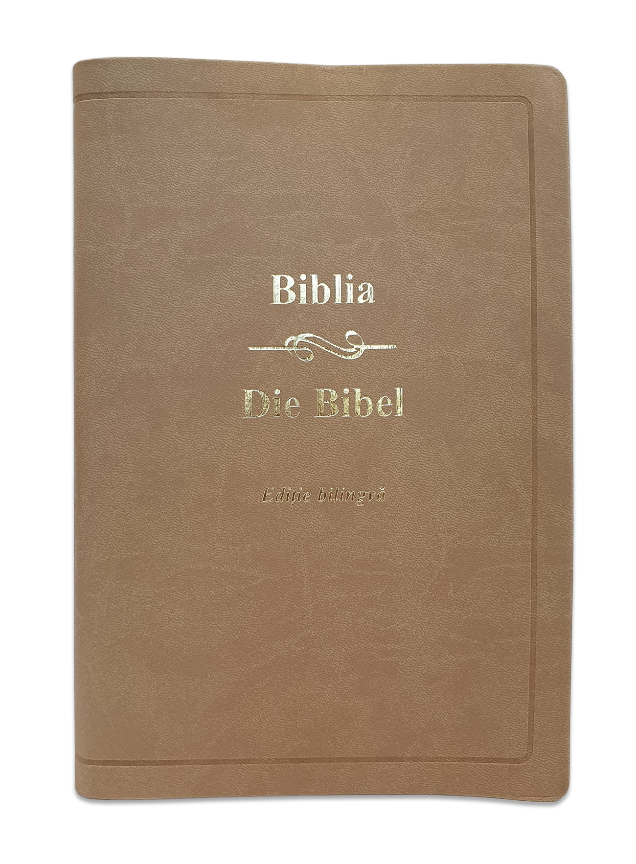 Biblia bilingva romana - germana, mare, piele ecologica, bej, aurita Biblia bilingva romana - germana, mare, piele ecologica, bej, aurita