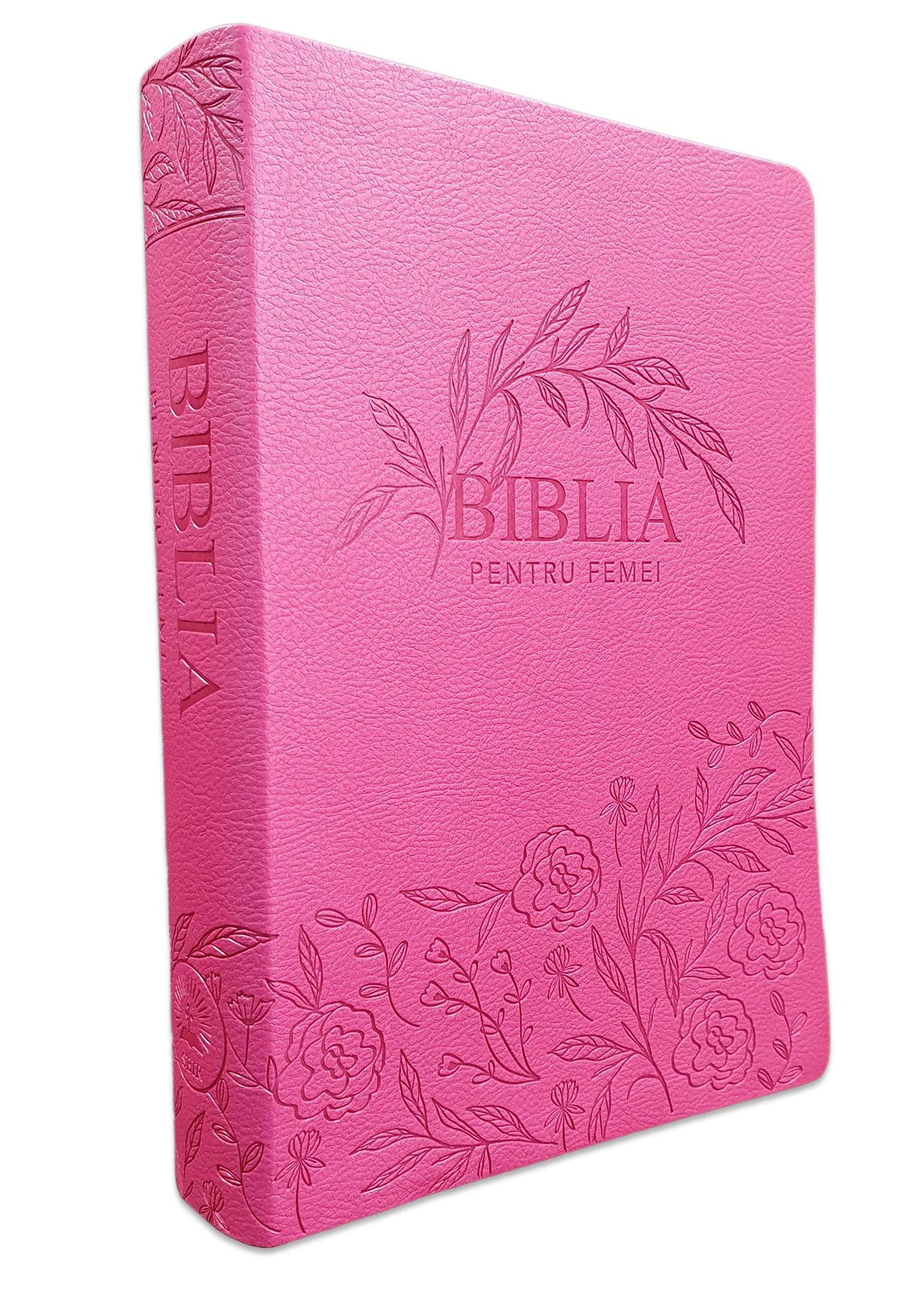 Biblia de studiu pentru femei, marime mare, culoare roz inchis, model floral, margini argintii, cuv. lui Isus cu rosu