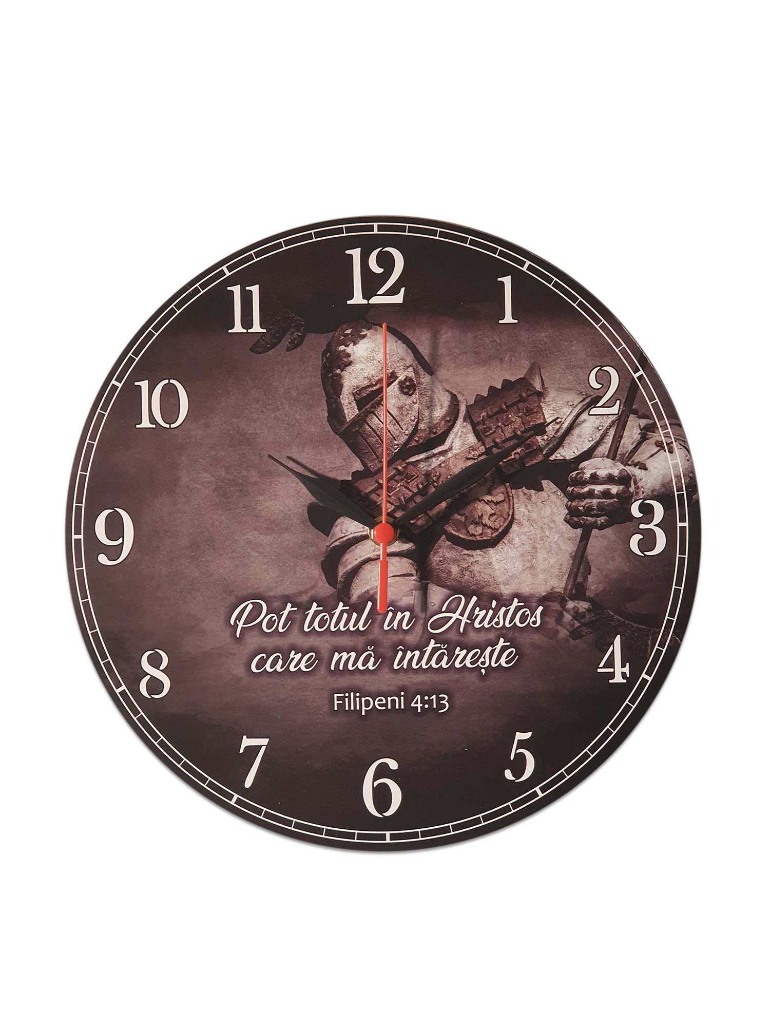 Ceas rotund cu mesaj crestin (30 cm) - Pot totul in Hristos care ma intareste - gri