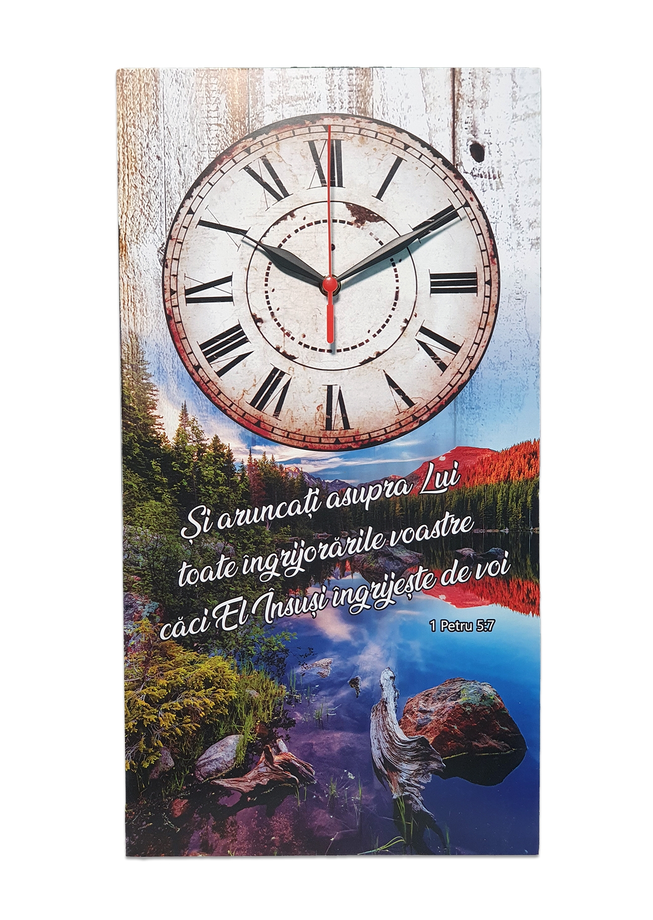Ceas perete cu mesaj crestin - Si aruncati asupra Lui toate ingrijorarile Ceas perete cu mesaj crestin - Si aruncati asupra Lui toate ingrijorarile