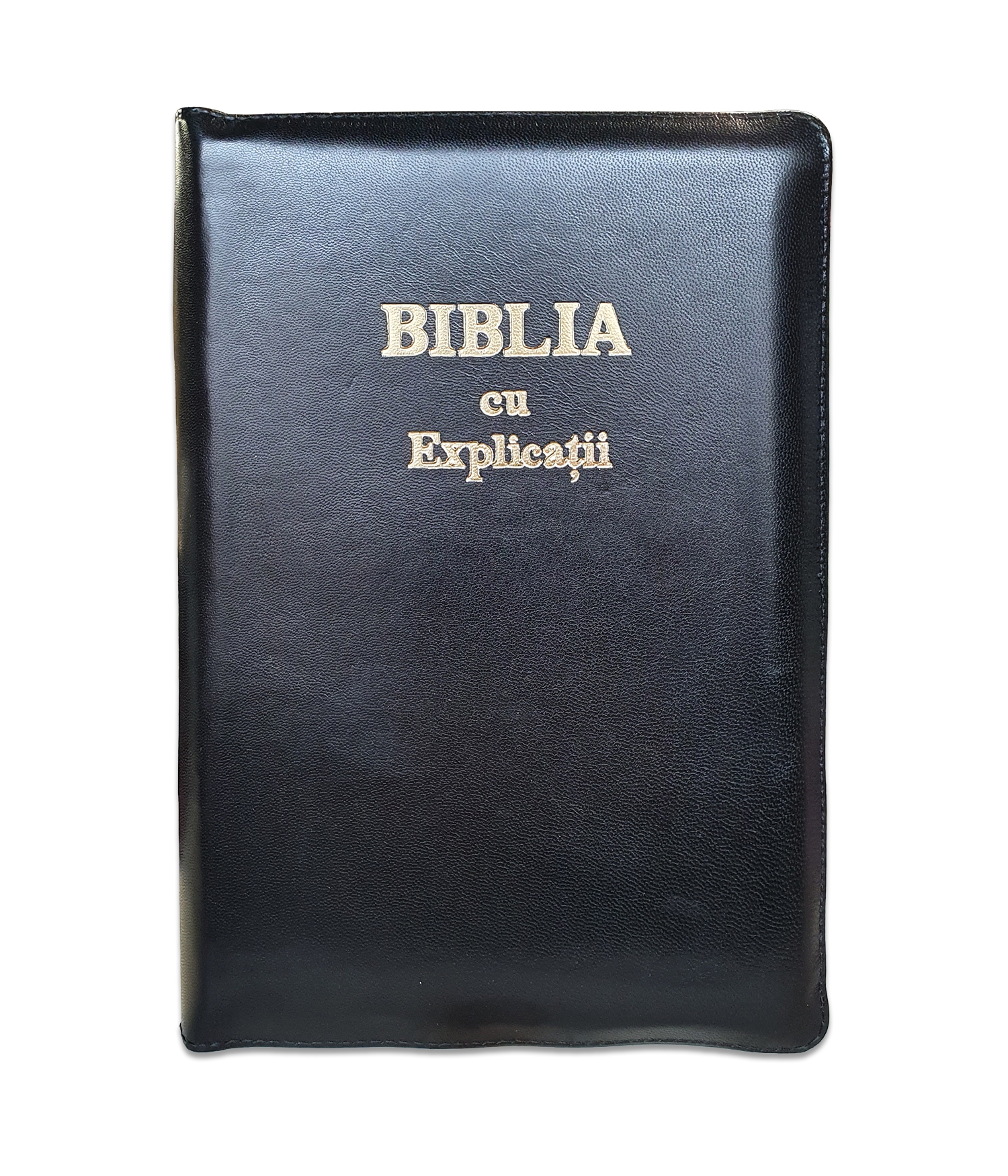 Biblia cu explicatii + concordanta biblica, piele naturala, culoare neagra, fermoar, index aurita, cuv. lui Isus cu rosu, simbol simpla [CO 77 PFI]