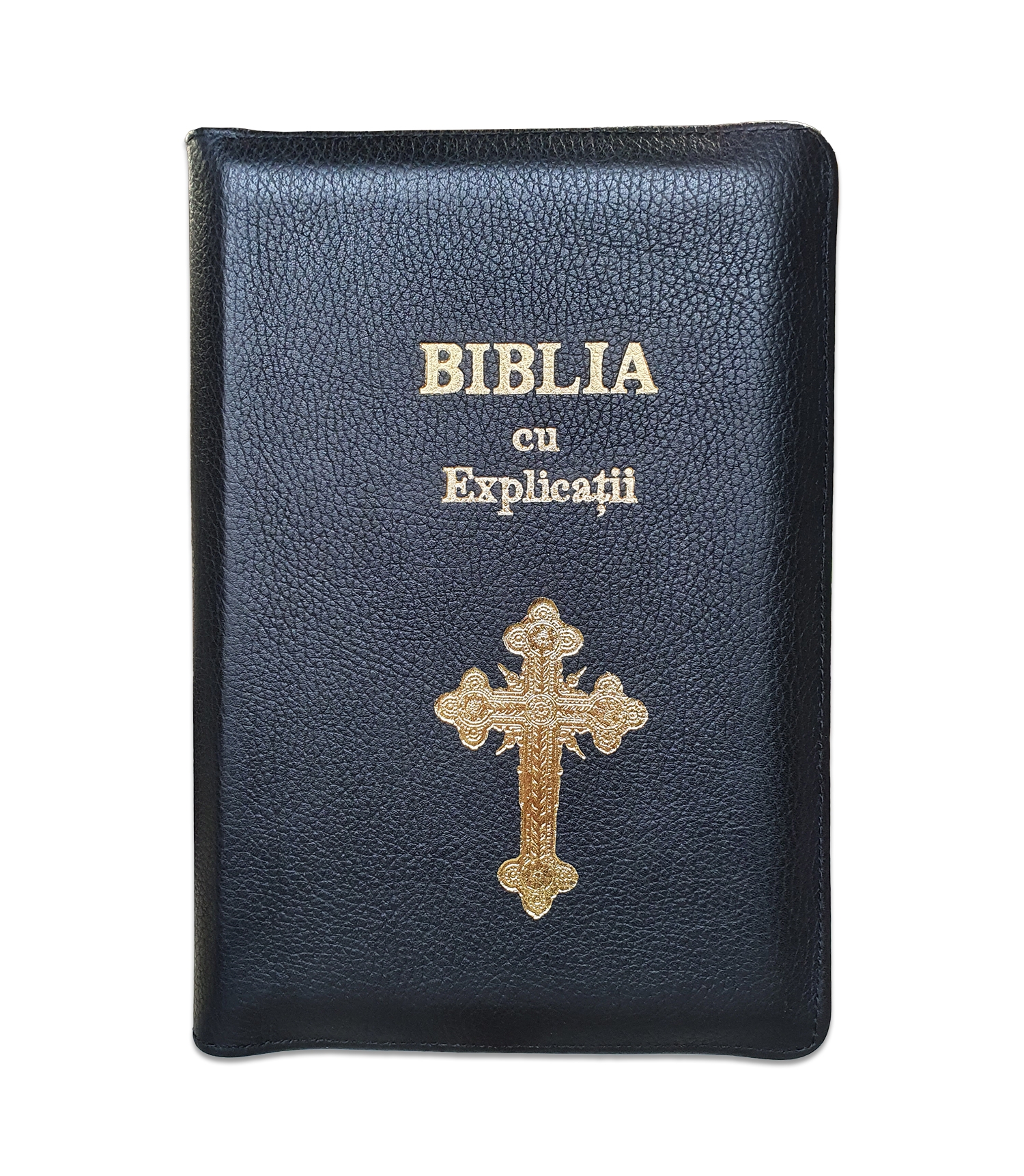 Biblia cu explicatii + concordanta biblica, piele naturala, culoare neagra, fermoar, fara index, aurita, cuv. lui Isus cu rosu, simbol cruce [CO 77 PF]