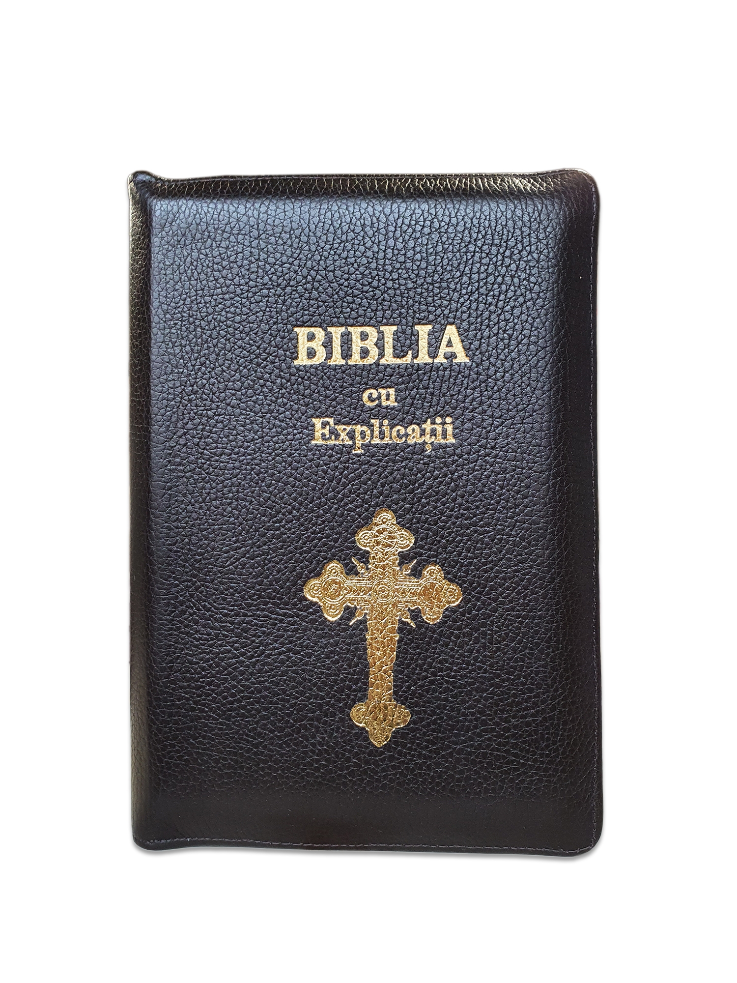 Biblia cu explicatii + concordanta biblica, piele naturala, culoare maro brun, fermoar, fara index, aurita, cuv. lui Isus cu rosu, simbol cruce [CO 77 PF]