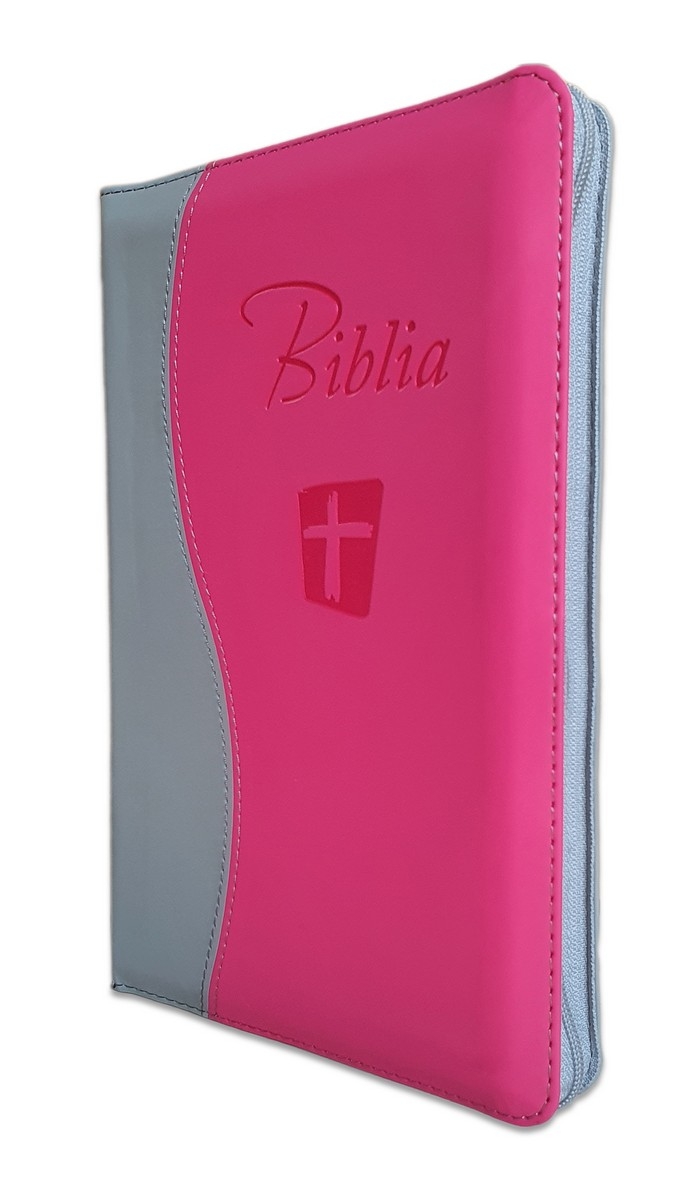 Biblia Noua Traducere (Biblia NTR), marime mare, coperta imitatie piele, gri/roz, fermoar, index, margini argintii