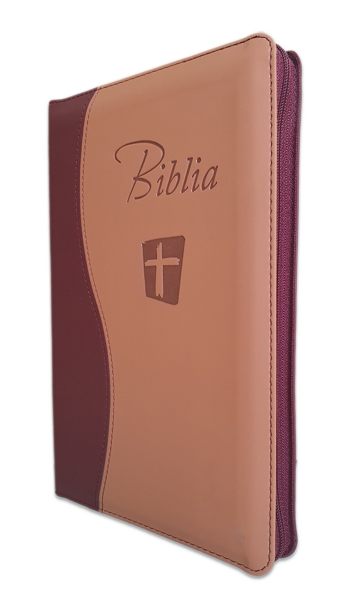 Biblia Noua Traducere (Biblia NTR), marime mare, coperta imitatie piele, maro/crem, fermoar, index, margini argintii