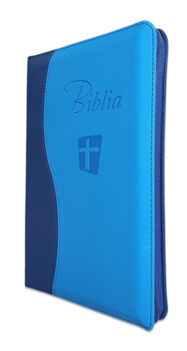 [ANTICARIAT] - Biblia Noua Traducere (Biblia NTR), marime mare, coperta imitatie piele, albastra, fermoar, index, margini argintii (Produs cu defect)