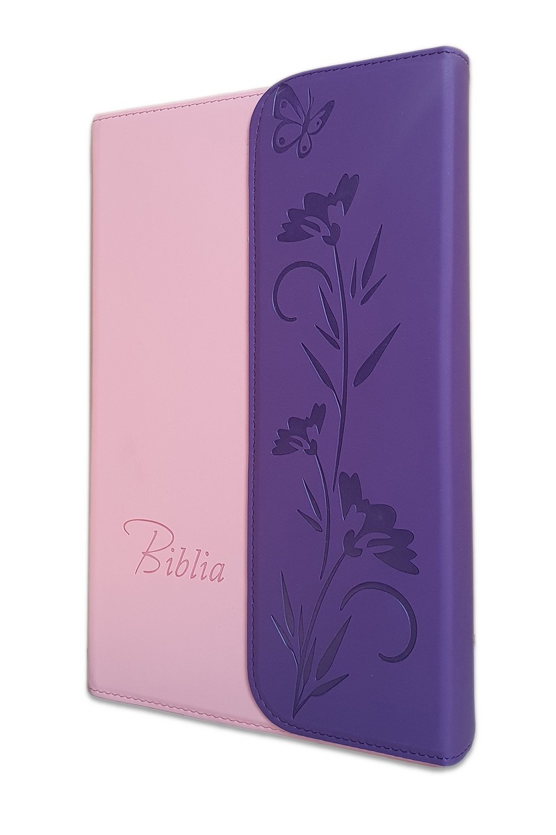 Biblia Noua Traducere (Biblia NTR), marime medie-mare, coperta imitatie piele, roz pal/mov, clapa magnetica, index, margini argintii