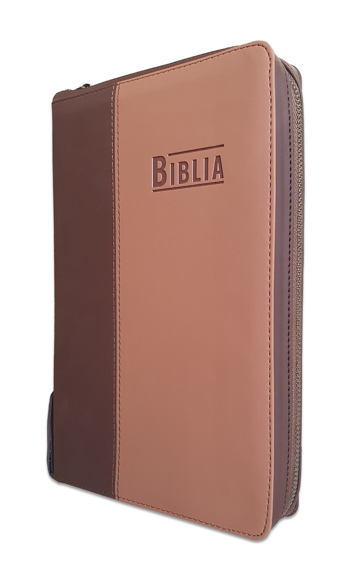 Biblia Noua Traducere (Biblia NTR), marime mare, coperta imitatie piele, maro, fermoar, index, margini argintii