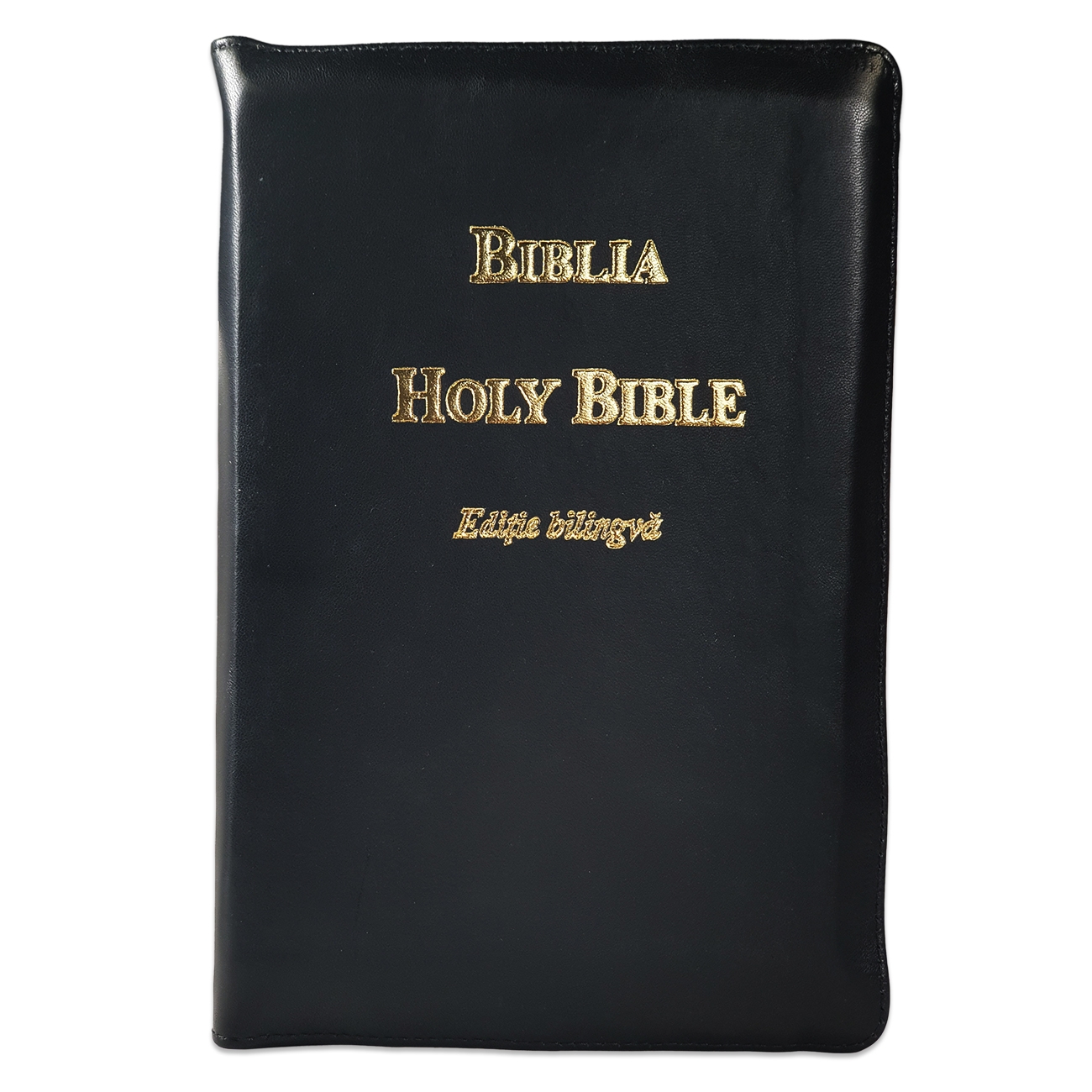 Biblia bilingva [engleza-romana], piele, neagra, aurita, simbol maini, cuv. lui Isus cu rosu