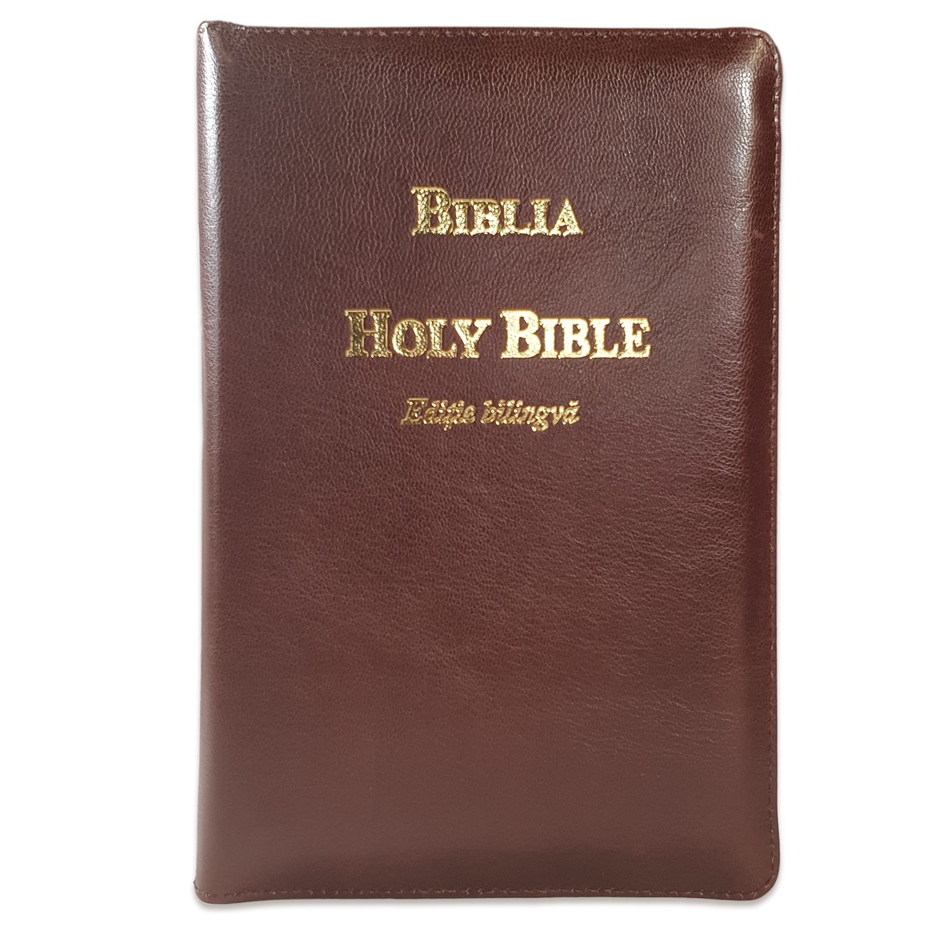 Biblia bilingva [engleza-romana], piele, maro ,margini aurii,cuv. lui Isus cu rosu