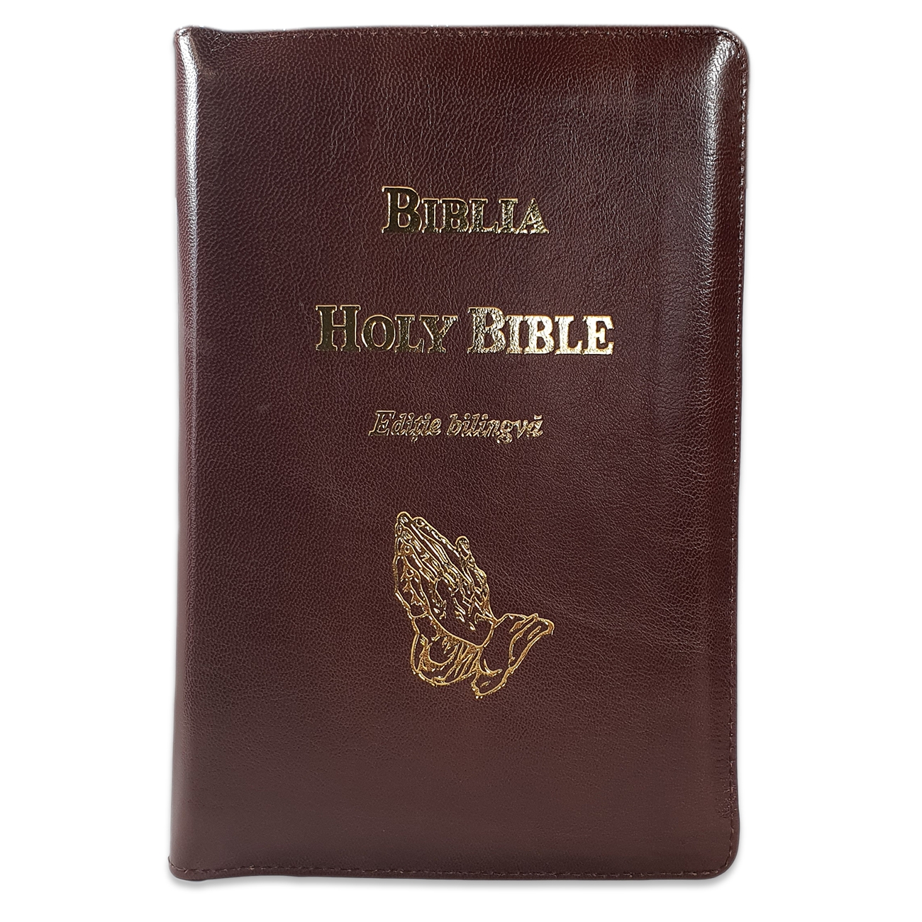 Biblia bilingva [engleza-romana], piele, maro, aurita, simbol maini in rugaciune, cuv. lui Isus cu rosu