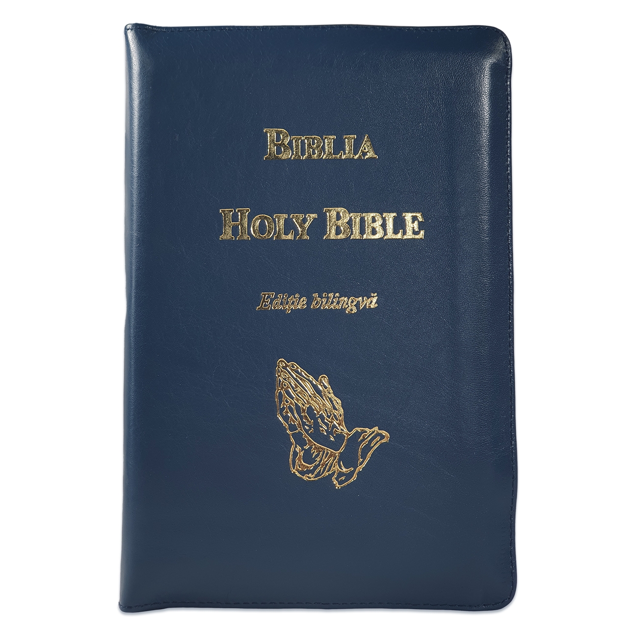 Biblia bilingva [engleza-romana], piele, bleumarin, margini aurii, simbol maini in rugaciune, cuv. lui Isus cu rosu