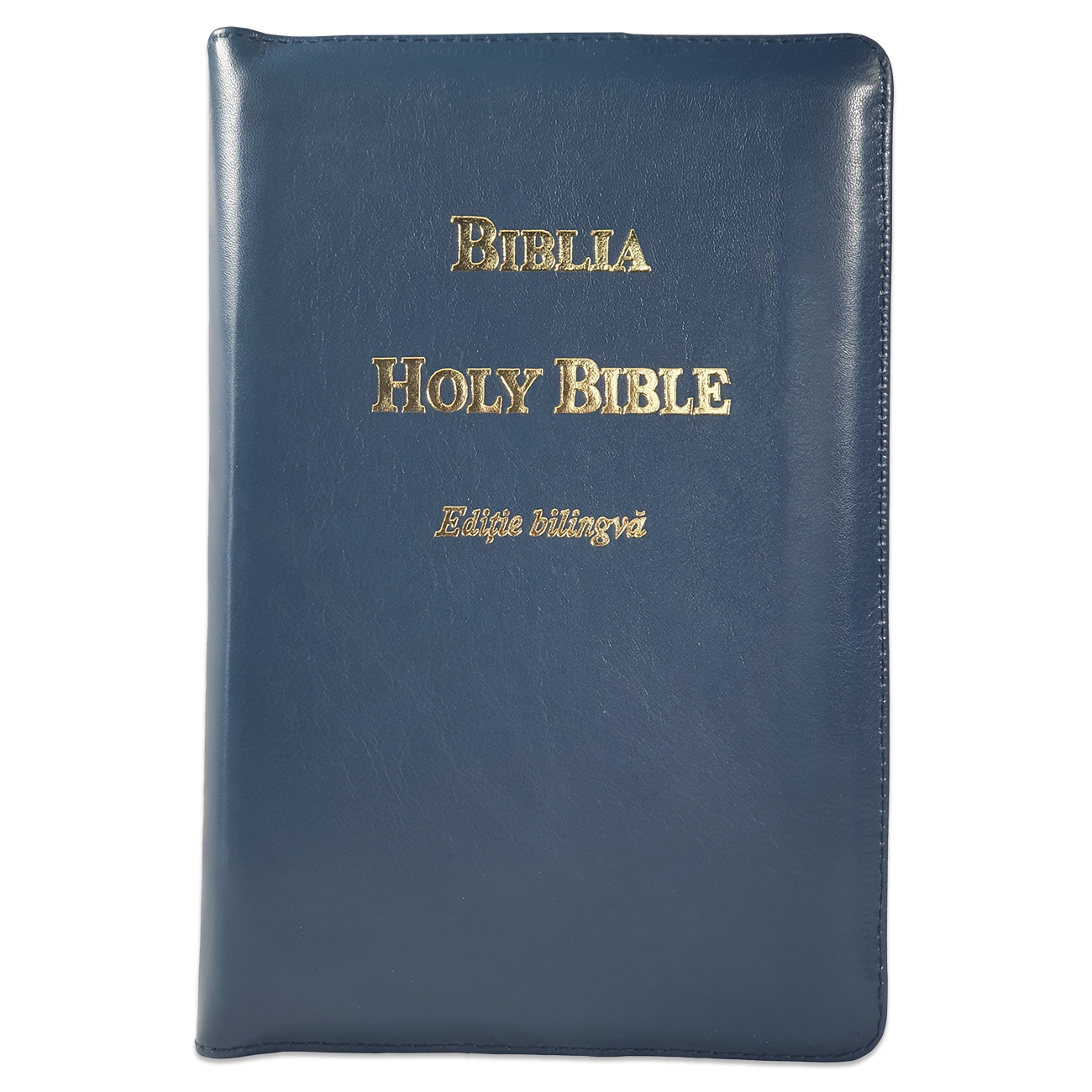 Biblia bilingva [engleza-romana], piele, culoare bleumarin, margini aurii, cuv. lui Isus cu rosu