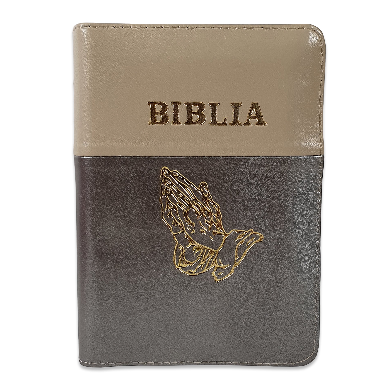 Biblie din piele,marime mica, culoare crem cu gri sidefat, fermoar, margini albe, simbolul maini in rugaciune, cuv. lui Isus in rosu [043 PF]