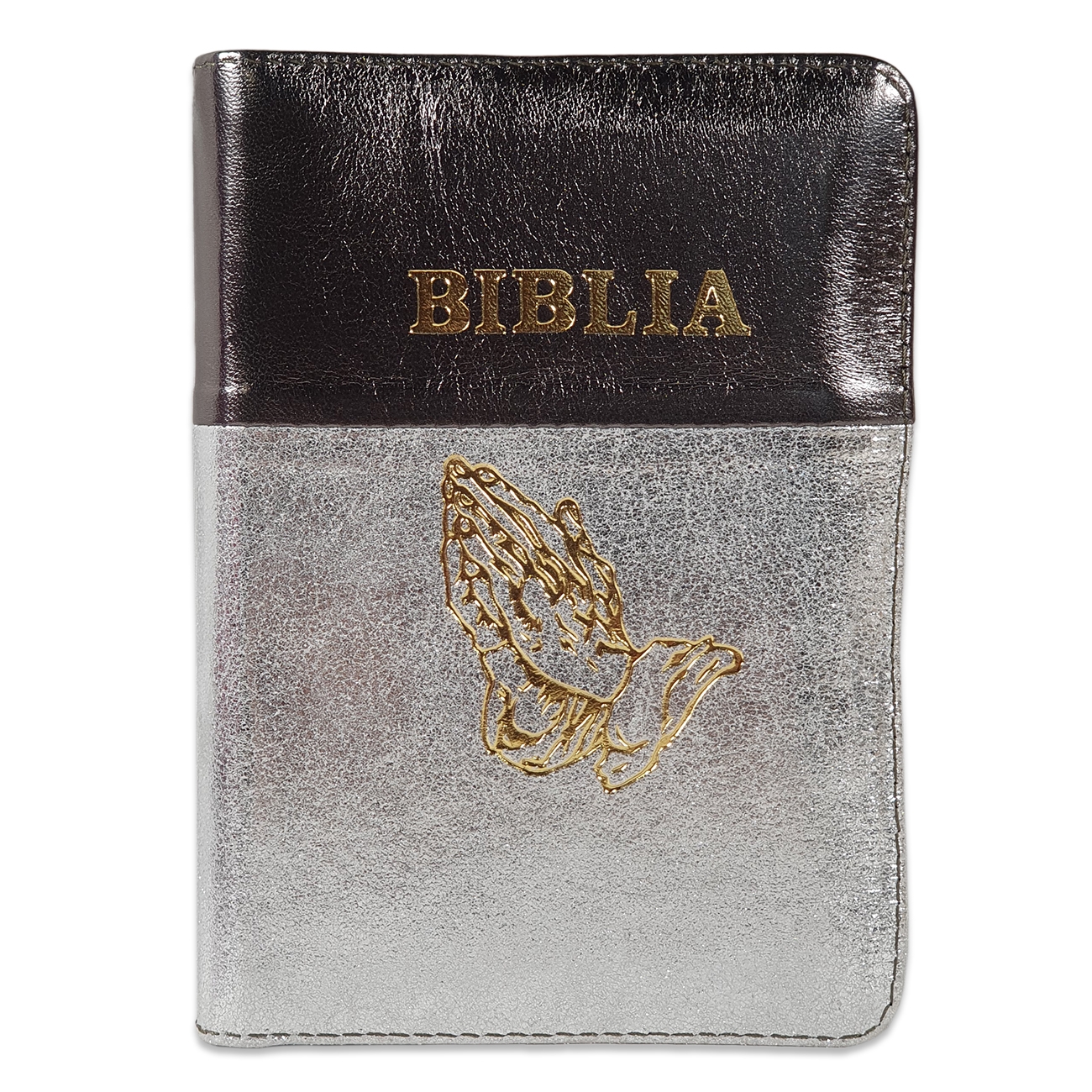 Biblie din piele,marime mica, culoare kaki cu argintiu, fermoar, margini albe, simbolul maini in rugaciune, cuv. lui Isus in rosu [043 PF]