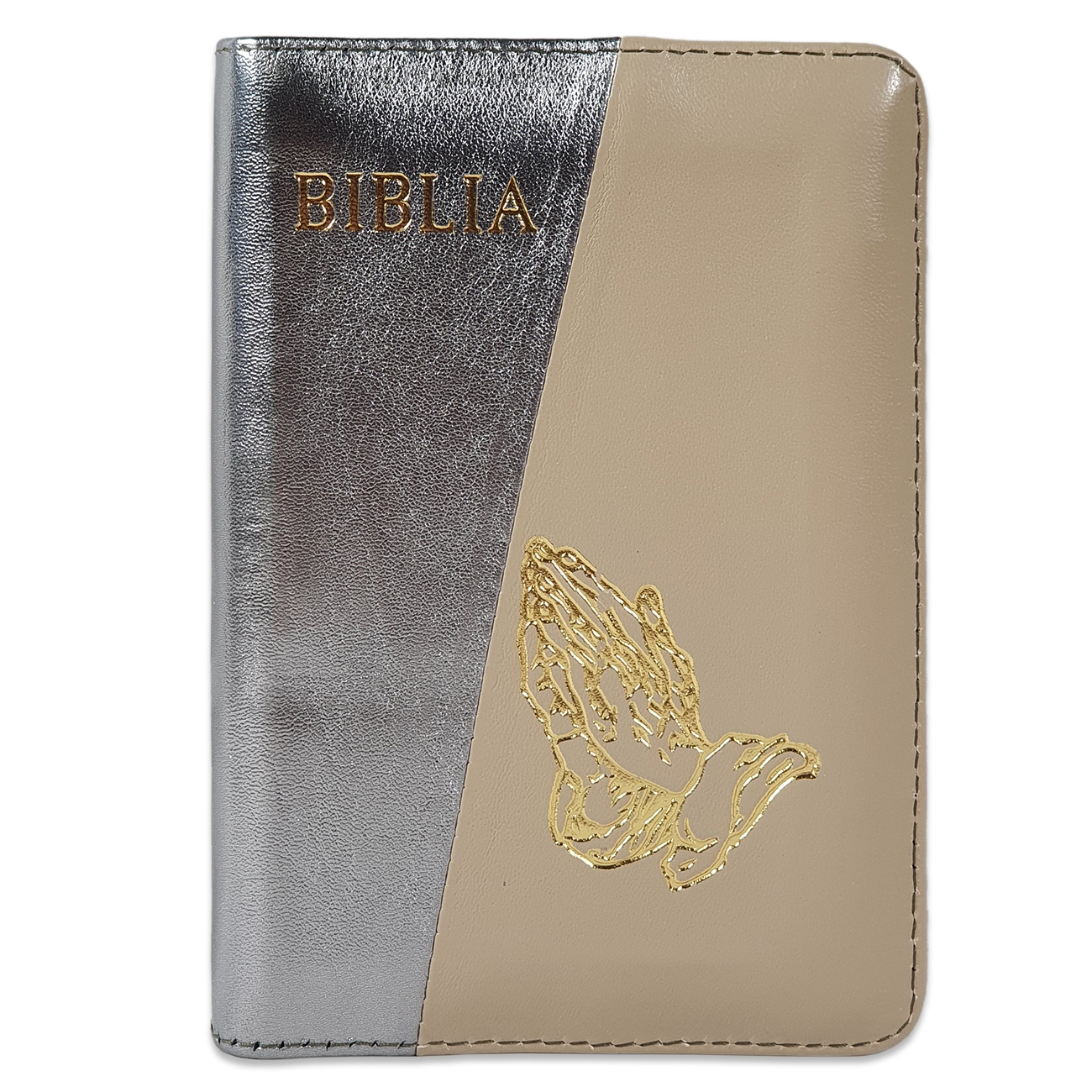 Biblie din piele,marime mica, culoare gri sidefat cu crem, fermoar, margini albe, simbolul maini in rugaciune, cuv. lui Isus in rosu [043 PF]