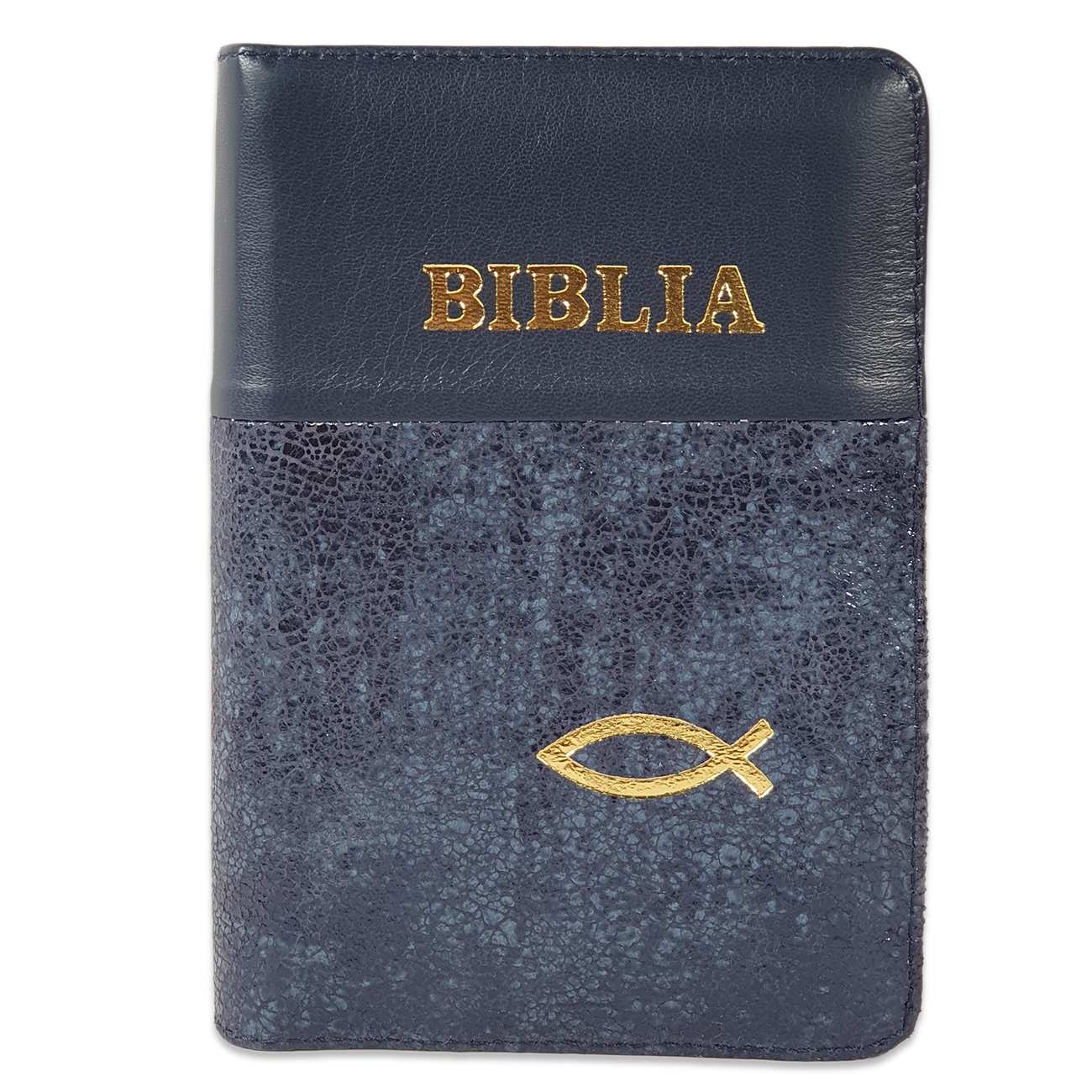 Biblie din piele,  marime mica, culoare albastru inchis cu albastru texturat, fermoar, margini albe, simbol peste, cuv. lui Isus in rosu [043 PF]