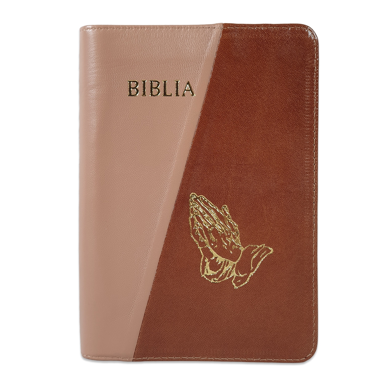 Biblie din piele, marime medie, culoare cafeniu cu maro roscat, simbol maini in rugaciune, fermoar, index, margini aurii, cuv. lui Isus cu rosu [SB 057 PFI]