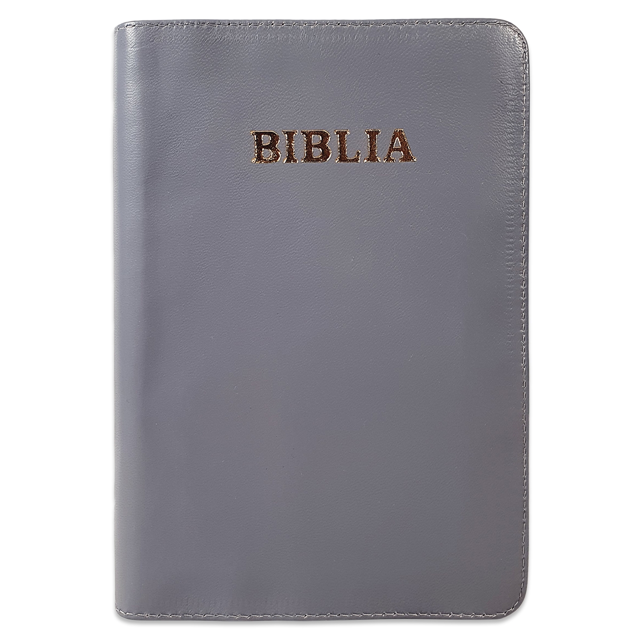 Biblie din piele, marime medie, culoare gri deschis, fermoar, index, margini aurii, cuv. lui Isus cu rosu [SB 057 PFI]