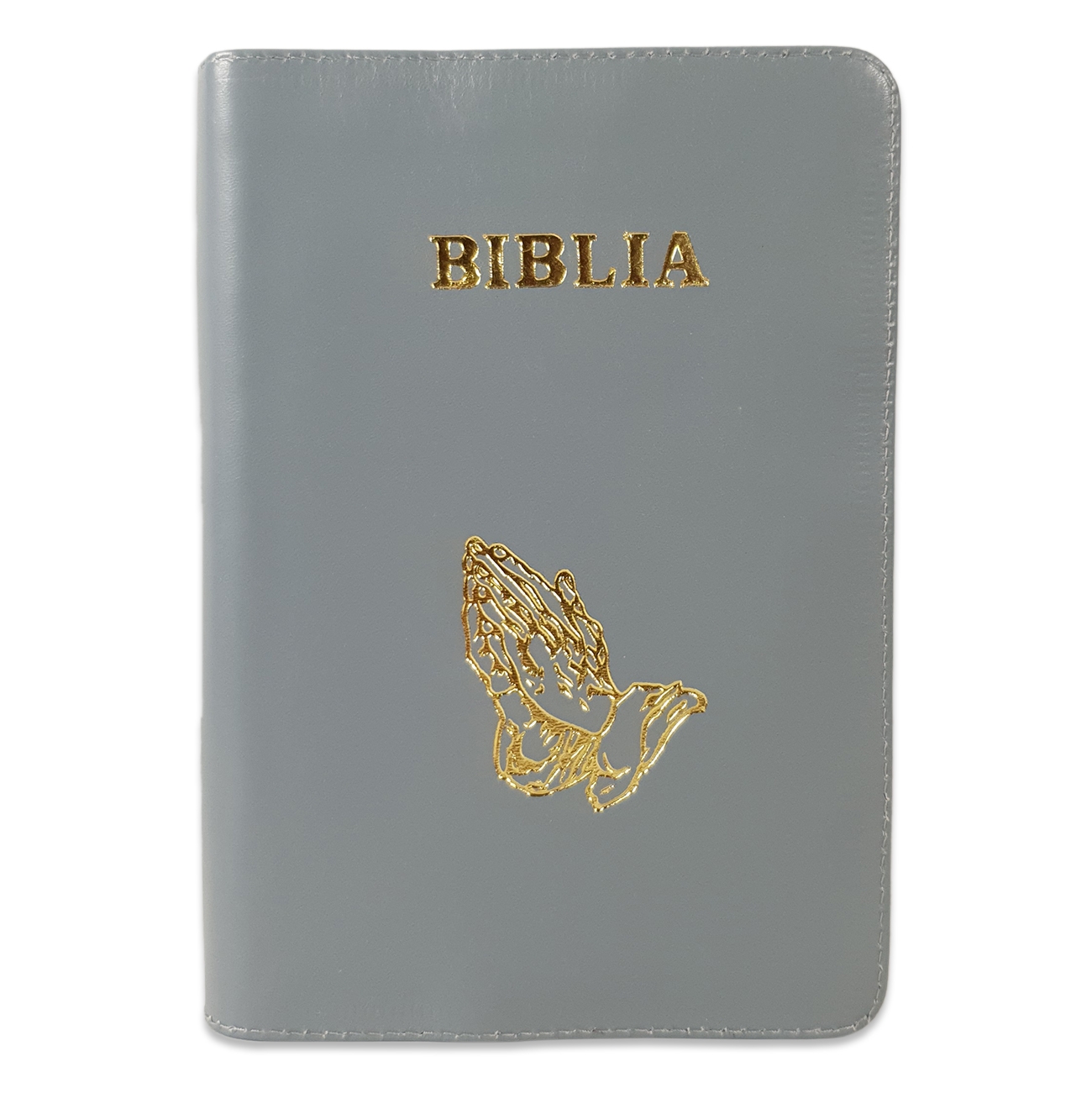 Biblie din piele, marime medie, culoare gri deschis, maini in rugaciune, fermoar, index, margini aurii, harti biblice [SI 057 PFI]