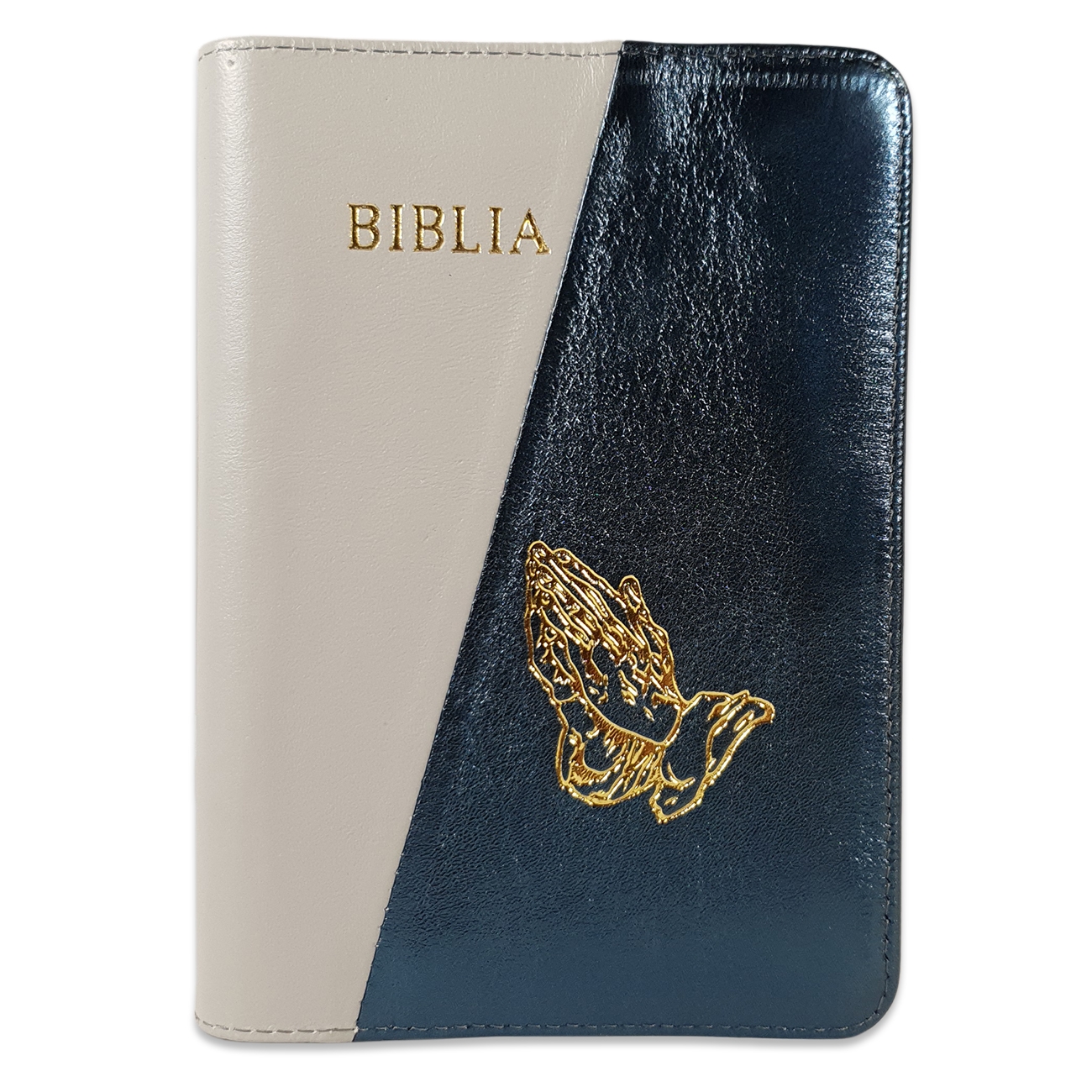 Biblie din piele, marime medie, culoare gri cu albastru metalizat, simbol maini in rugaciune, fermoar, index, margini aurii, cuv. lui Isus cu rosu [SB 057 PFI]