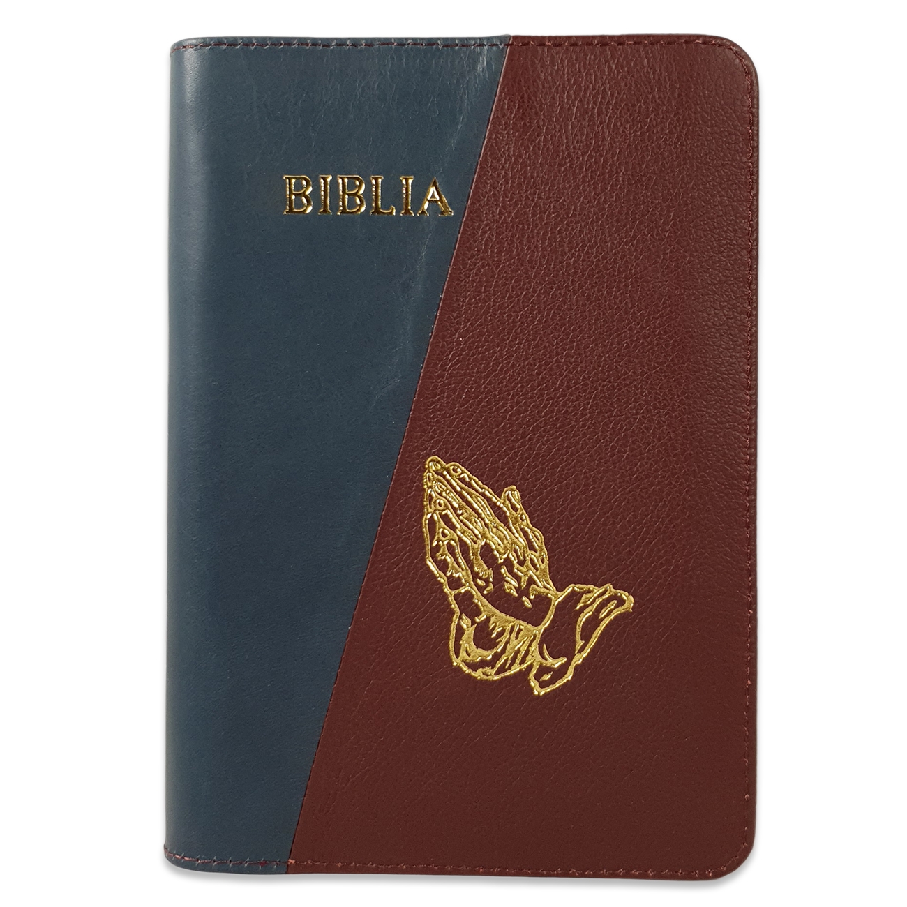 Biblie din piele, marime medie, culoare albastru cu visiniu, simbol maini in rugaciune, fermoar, index, margini aurii, cuv. lui Isus cu rosu [SB 057 PFI]