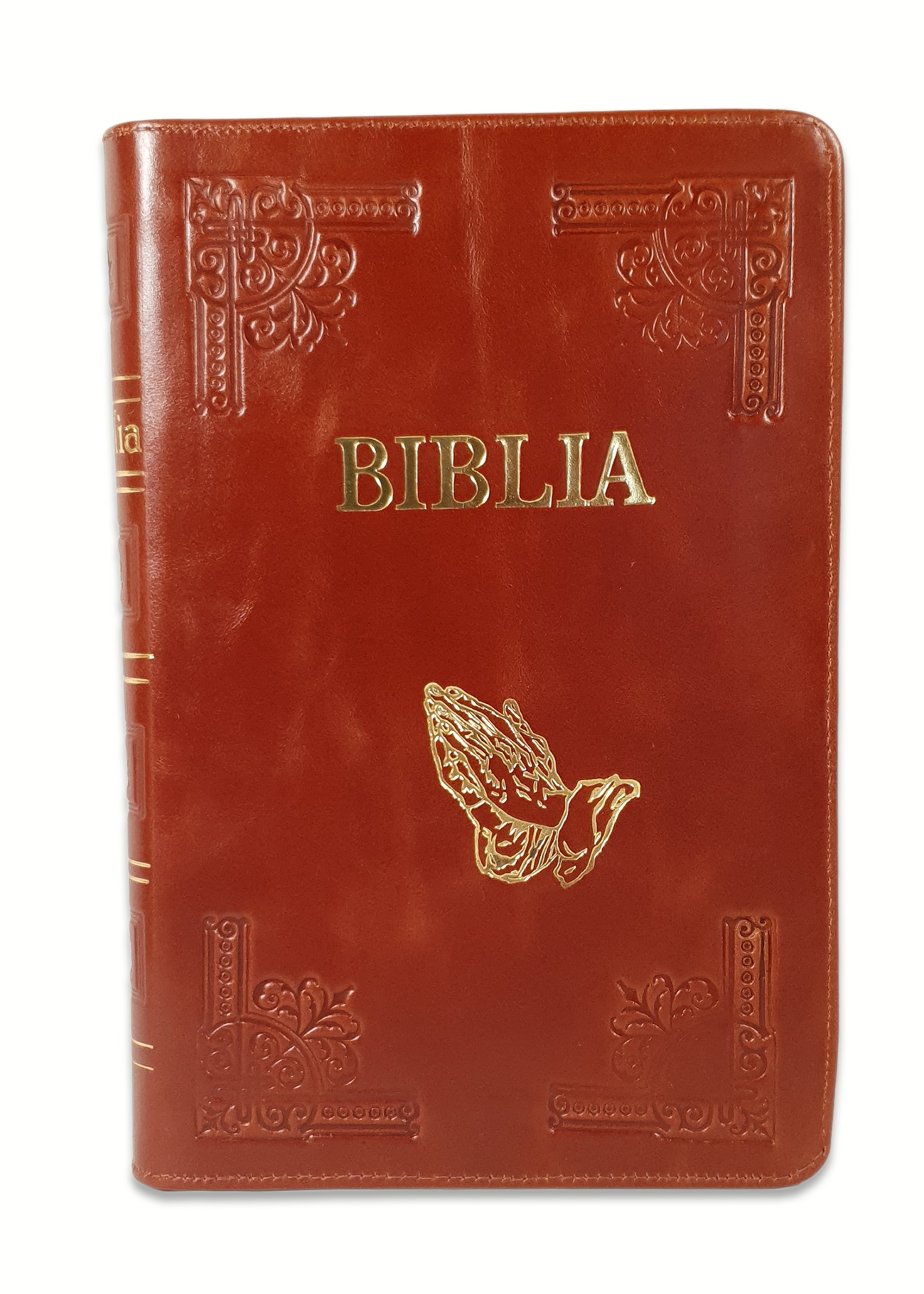 Biblie mare, piele, handmade, culoare maro, fermoar, index, margini argintii, simbol maini in rugaciune, cuv. Isus cu rosu [SI 076 HM]