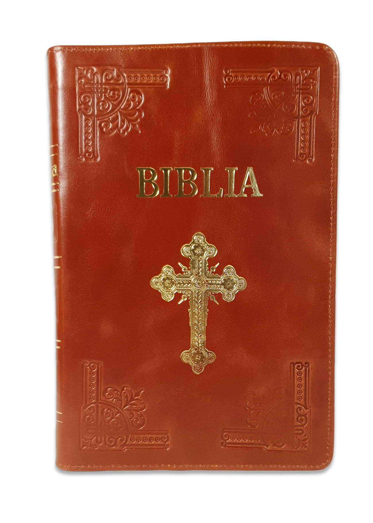 Biblie mare, piele, handmade, culoare maro, fermoar, index, margini argintii, simbol cruce, cuv. Isus cu rosu [SI 076 HM]