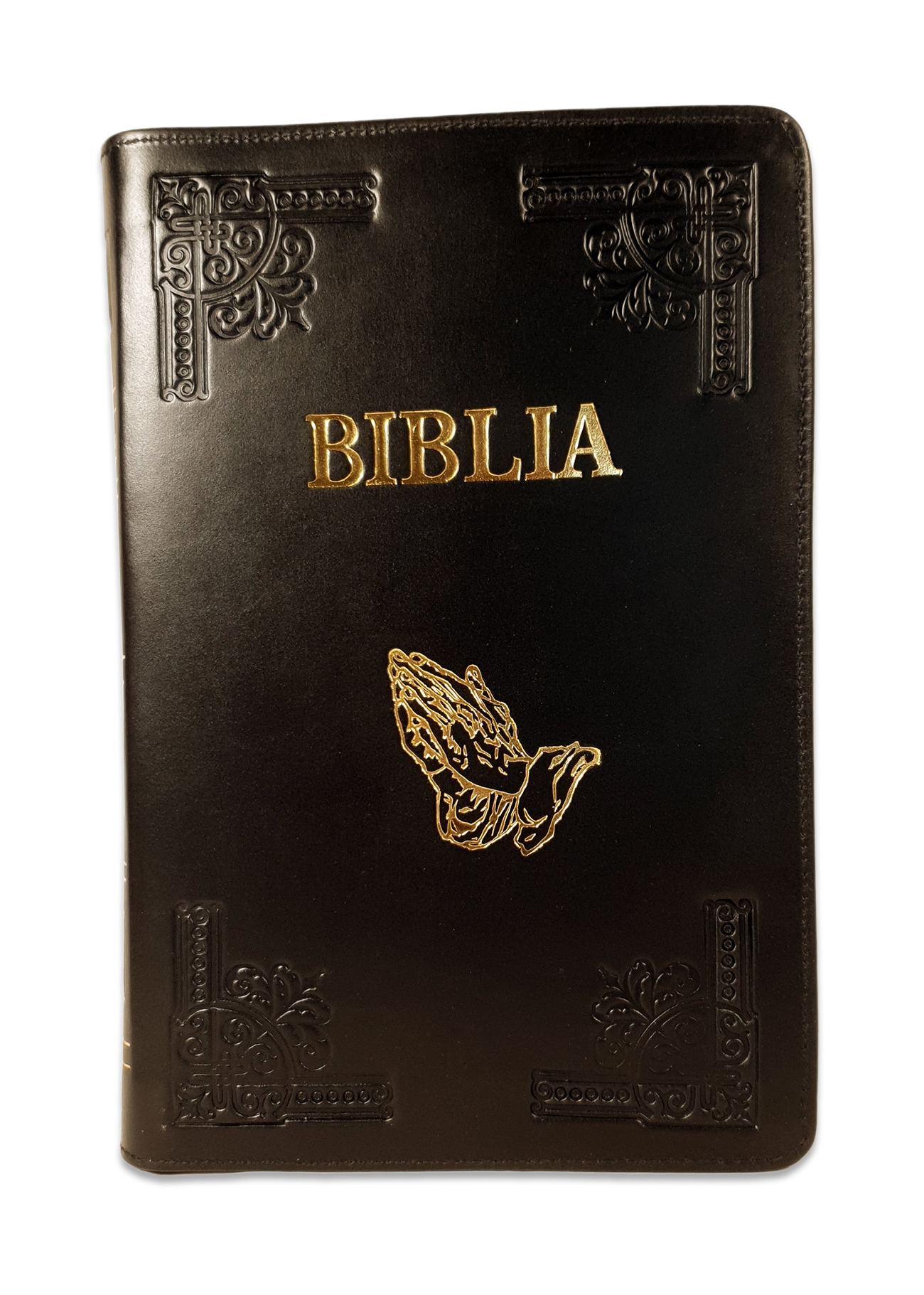 Biblie mare, piele, handmade, culoare neagra, fermoar, index, margini argintii, simbol maini in rugaciune, cuv. Isus cu rosu [SI 076 HM]