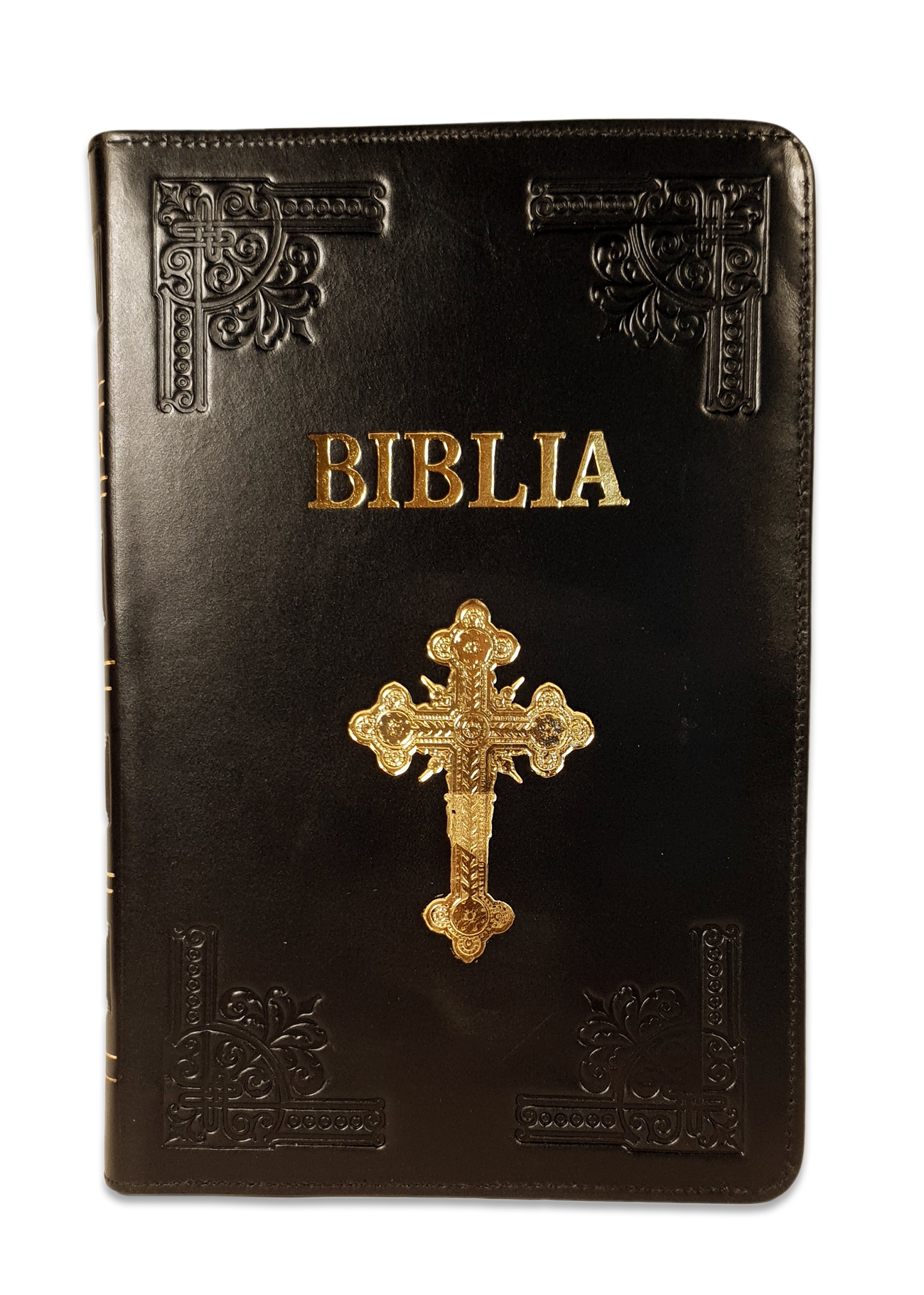 Biblie mare, piele, handmade, culoare neagra, fermoar, index, margini argintii, simbol cruce, cuv. Isus cu rosu [SI 076 HM]