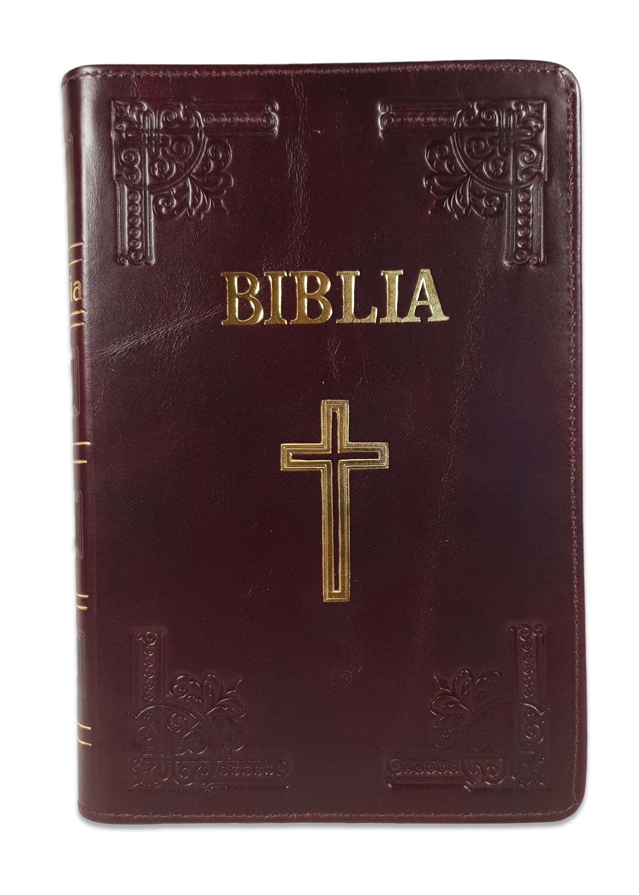 Biblie mare, piele, handmade, culoare visiniu inchis, fermoar, index, margini argintii, simbol cruce, cuv. Isus cu rosu [SI 076 HM]