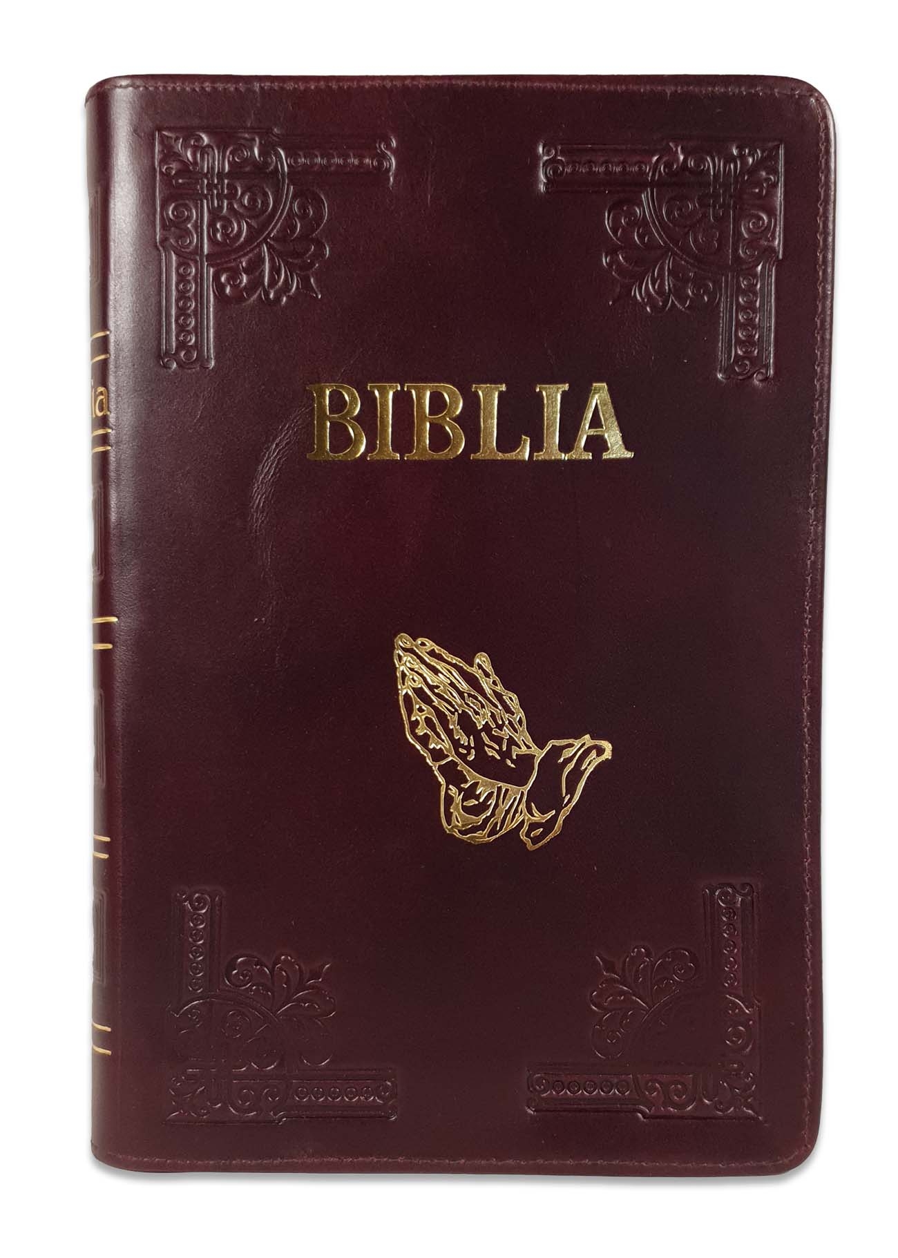 Biblie mare, piele, handmade, culoare visiniu inchis, fermoar, index, margini argintii, simbol maini in rugaciune, cuv. Isus cu rosu [SI 076 HM]