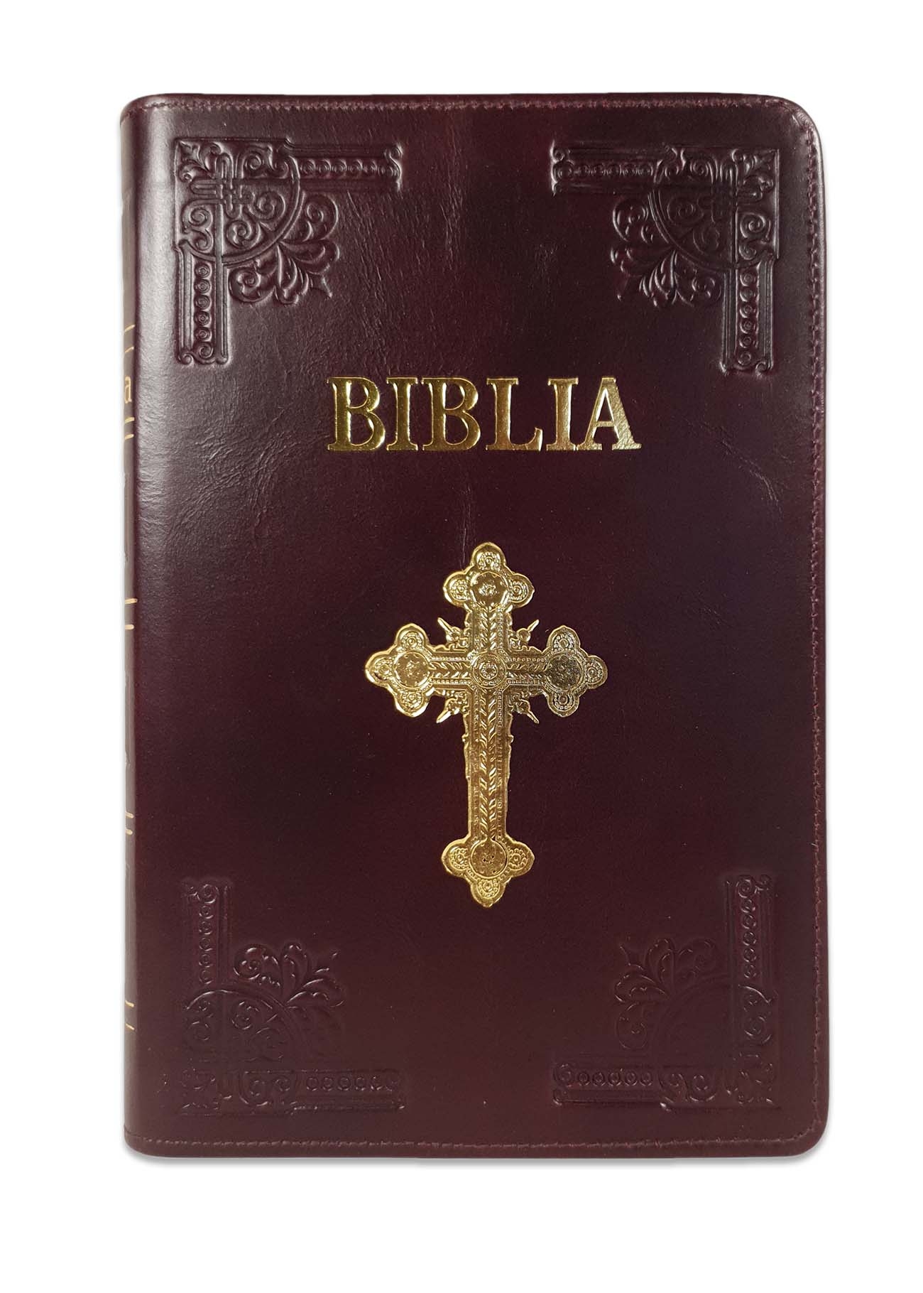 Biblie mare, piele, handmade, culoare visiniu inchis, fermoar, index, margini argintii, simbol cruce, cuv. Isus cu rosu [SI 076 HM]