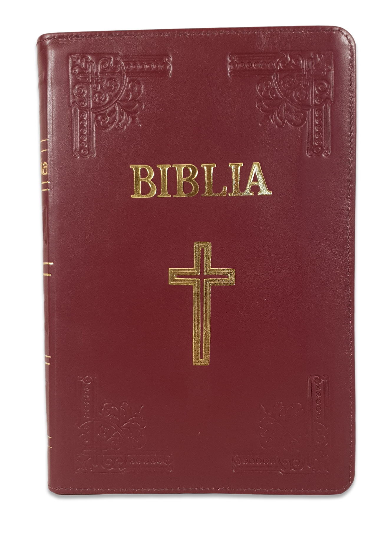 Biblie mare, piele, handmade, culoare visinie, fermoar, index, margini argintii, simbol cruce, cuv. Isus cu rosu [SI 076 HM]