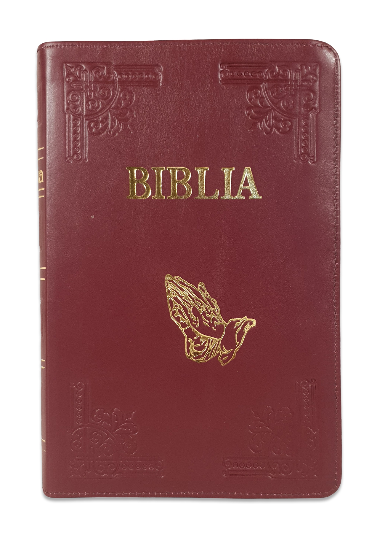 Biblie mare, piele, handmade, culoare visinie, fermoar, index, margini argintii, simbol maini in rugaciune, cuv. Isus cu rosu [SI 076 HM]