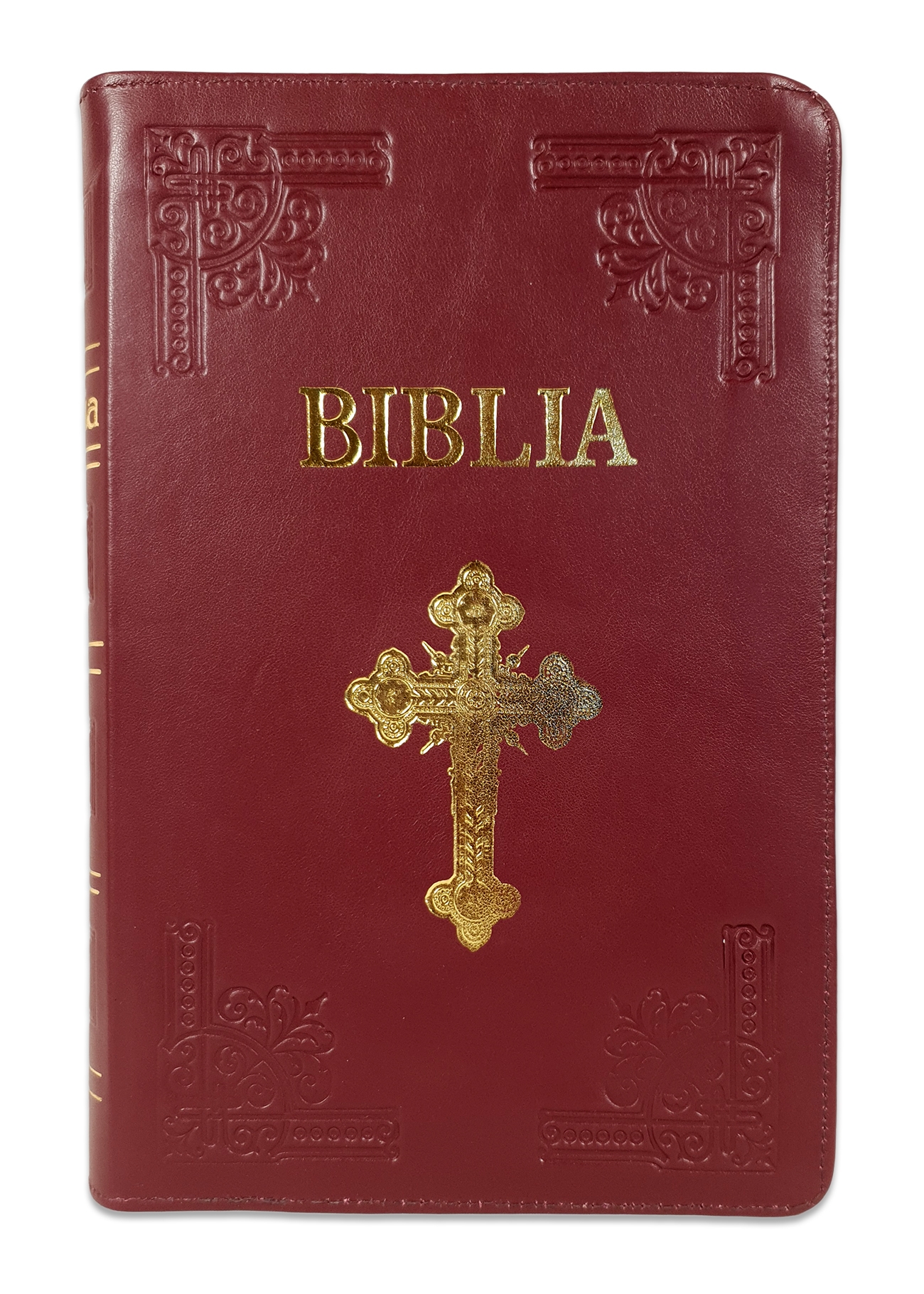 Biblie mare, piele, handmade, culoare visinie, fermoar, index, margini argintii, simbol cruce, cuv. Isus cu rosu [SI 076 HM]