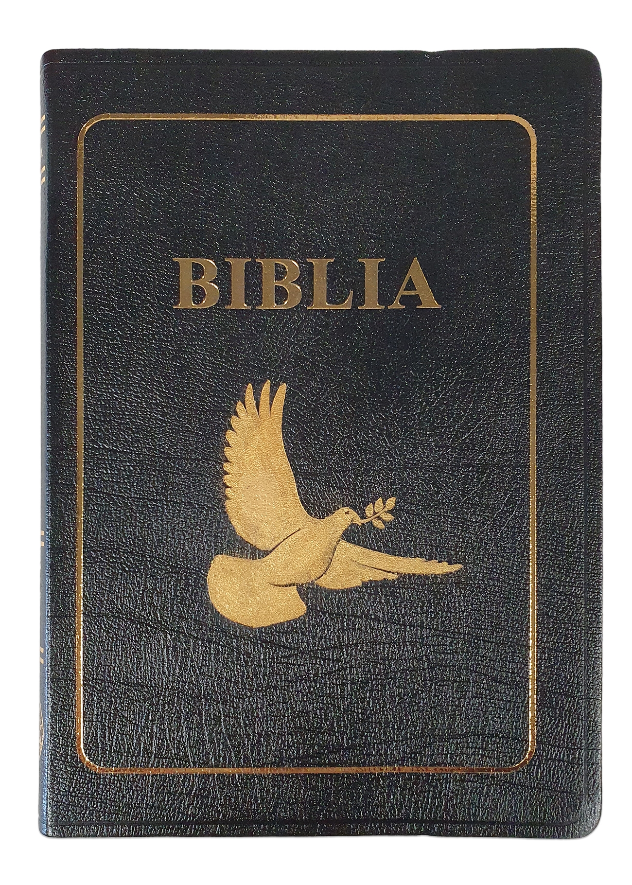 Biblia foarte mare, coperta piele personalizata, simbol porumbel, scris foarte mare, neagra, margini aurii, index, trad. Cornilescu, cuvintele lui Isus cu rosu [ 088 TI]