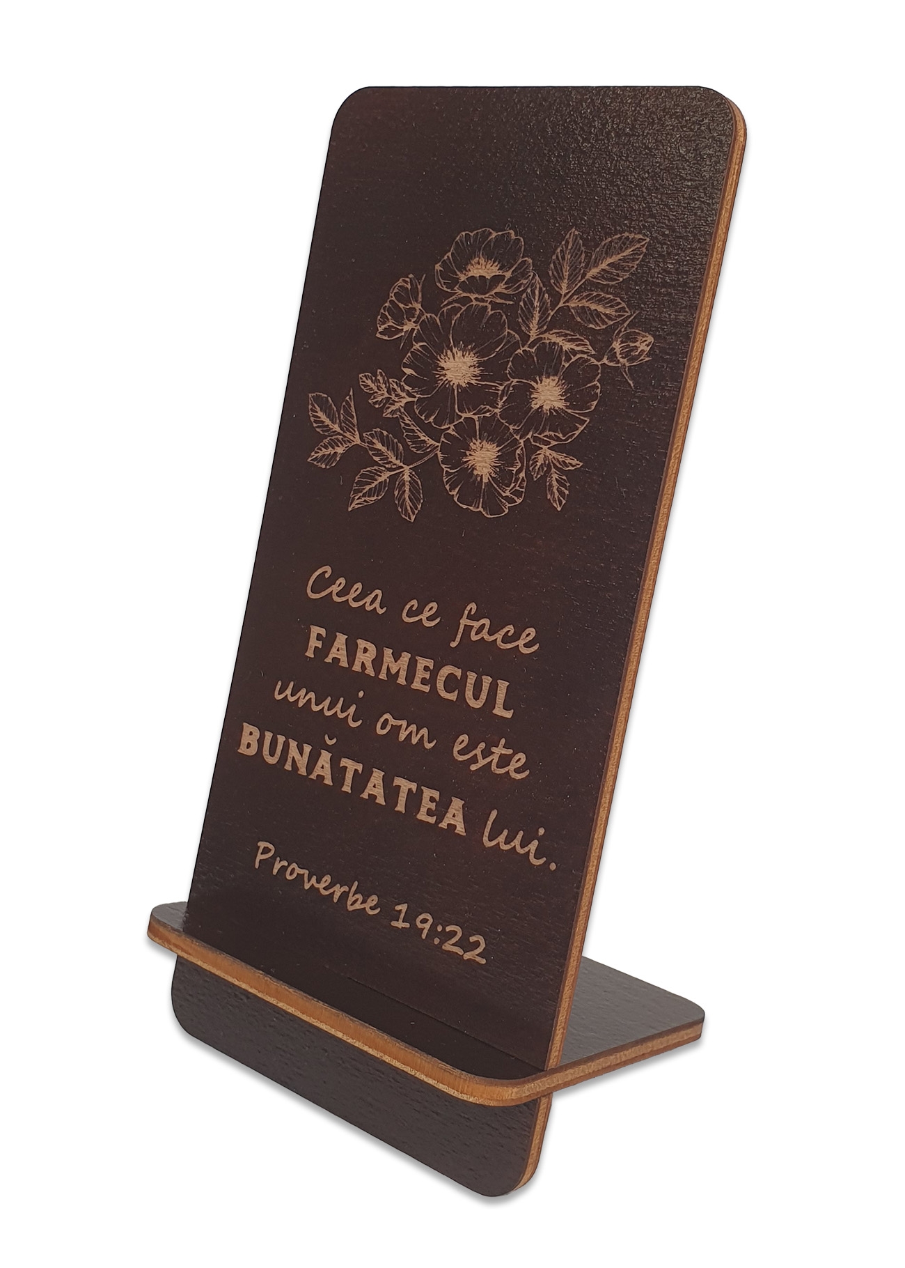 Suport telefon mobil, din lemn, culoare wenge, cu mesaj crestin - "Ceea ce face farmecul unui om este bunatatea lui" Suport telefon mobil, din lemn, culoare wenge, cu mesaj crestin - "Ceea ce face farmecul unui om este bunatatea lui"