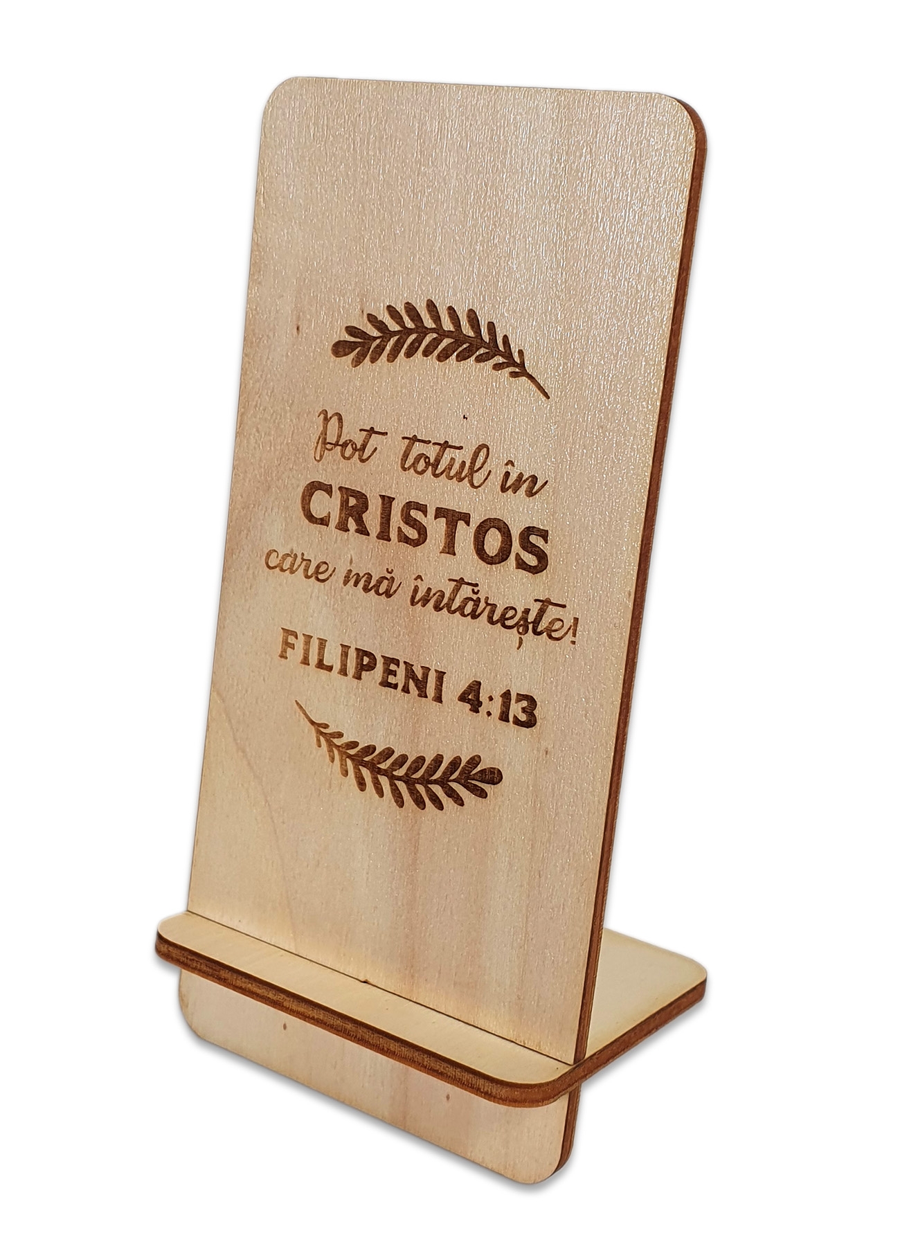 Suport telefon mobil, din lemn, culoare natur, cu mesaj crestin - "Pot totul in Hristos" Suport telefon mobil, din lemn, culoare natur, cu mesaj crestin - "Pot totul in Hristos"