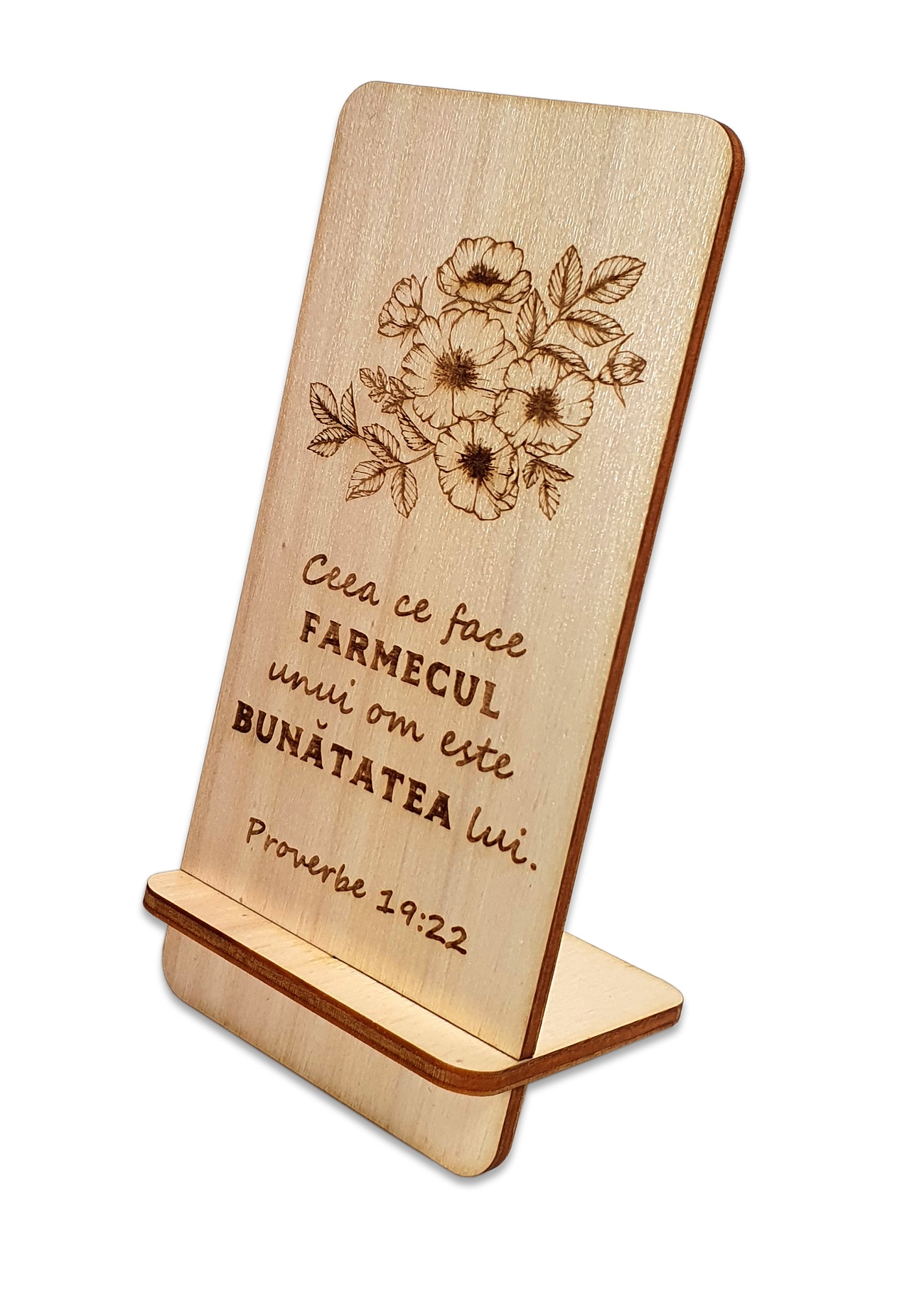 Suport telefon mobil, din lemn, culoare natur, cu mesaj crestin - "Ceea ce face farmecul unui om este bunatatea lui" Suport telefon mobil, din lemn, culoare natur, cu mesaj crestin - "Ceea ce face farmecul unui om este bunatatea lui"