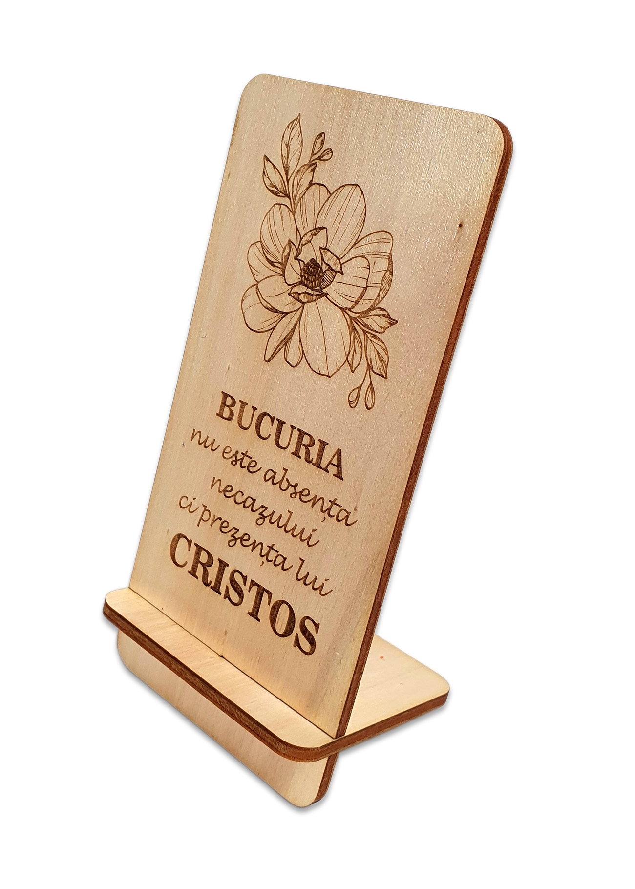 Suport telefon mobil, din lemn, culoare natur, cu mesaj crestin - Bucuria Suport telefon mobil, din lemn, culoare natur, cu mesaj crestin - Bucuria
