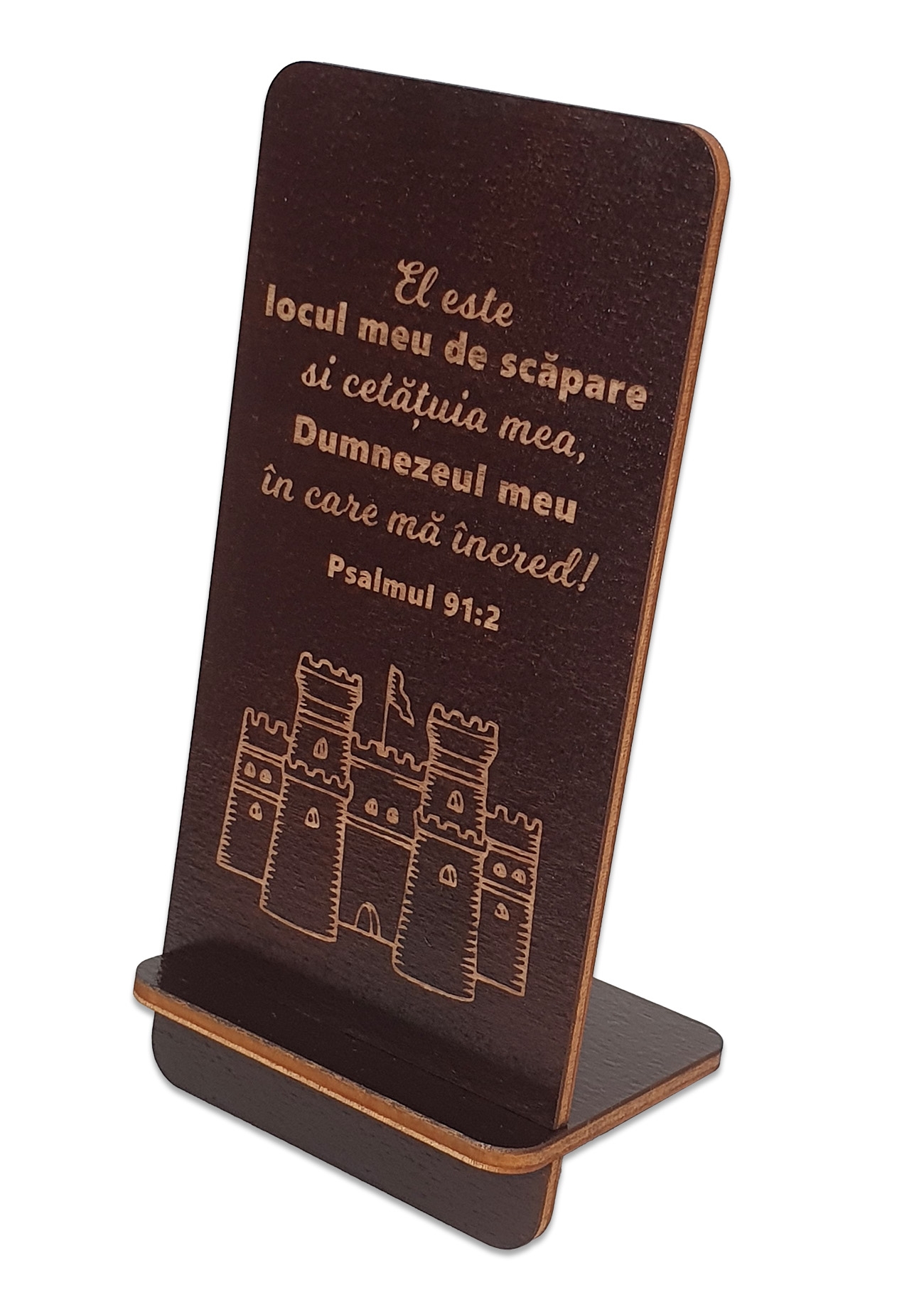 Suport telefon mobil, din lemn, culoare wenge, cu mesaj crestin - "El este locul meu de scapare" Suport telefon mobil, din lemn, culoare wenge, cu mesaj crestin - "El este locul meu de scapare"