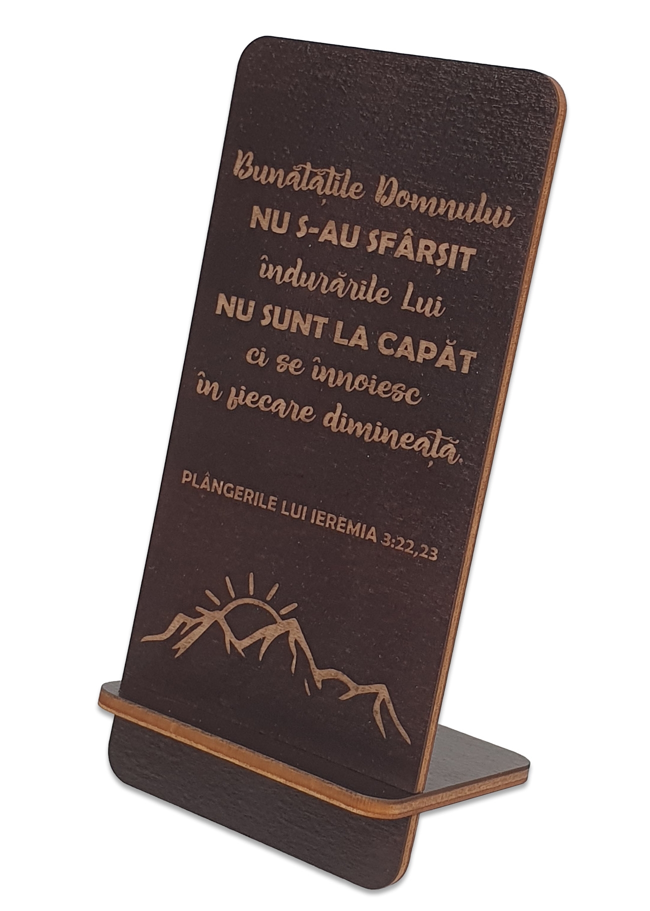 Suport telefon mobil, din lemn, culoare wenge, cu mesaj crestin - "Bunatatile Domnului nu s-au sfarsit" Suport telefon mobil, din lemn, culoare wenge, cu mesaj crestin - "Bunatatile Domnului nu s-au sfarsit"