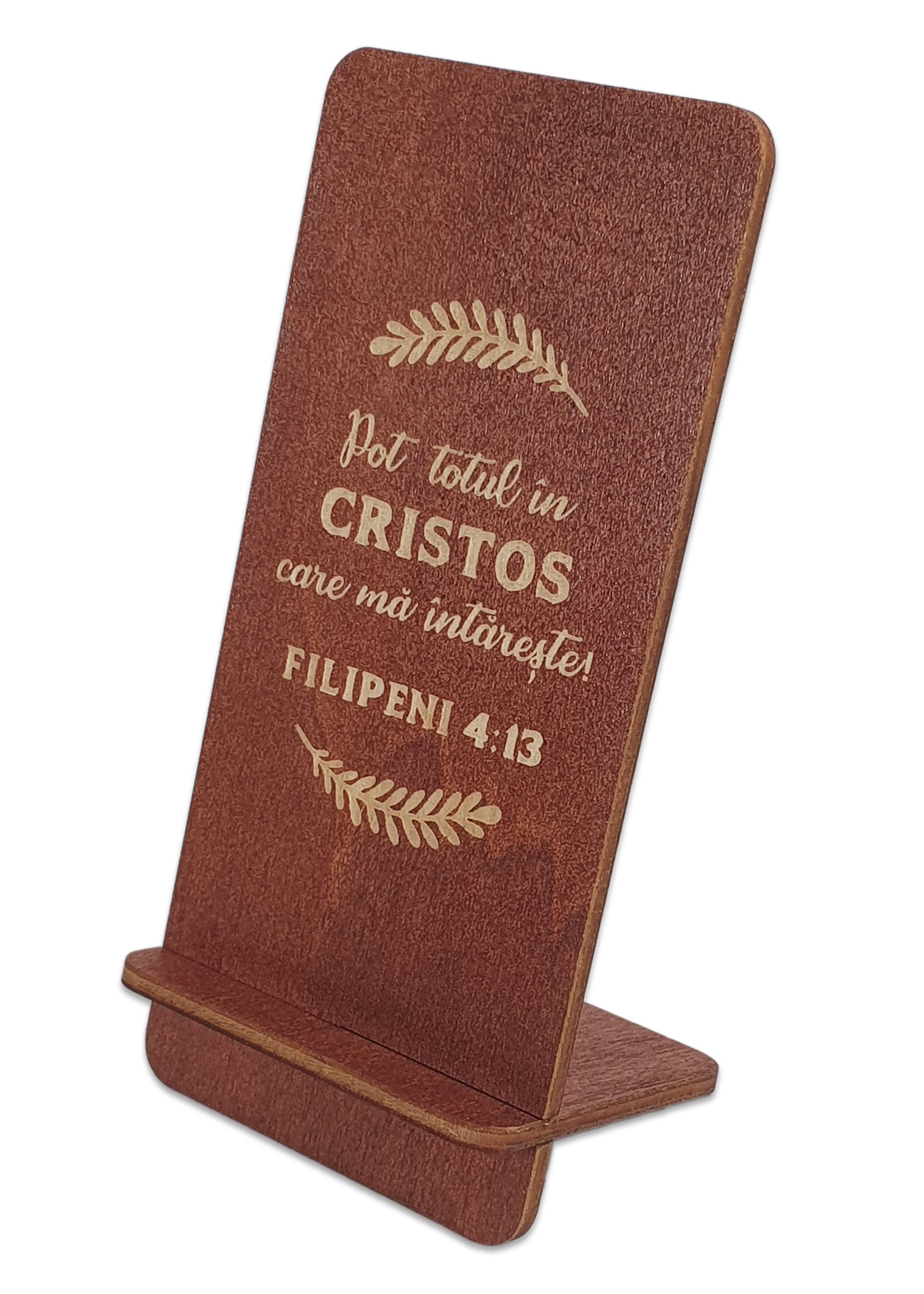 Suport telefon mobil, din lemn, culoare maro roscat, cu mesaj crestin - "Pot totul in Hristos" Suport telefon mobil, din lemn, culoare maro roscat, cu mesaj crestin - "Pot totul in Hristos"