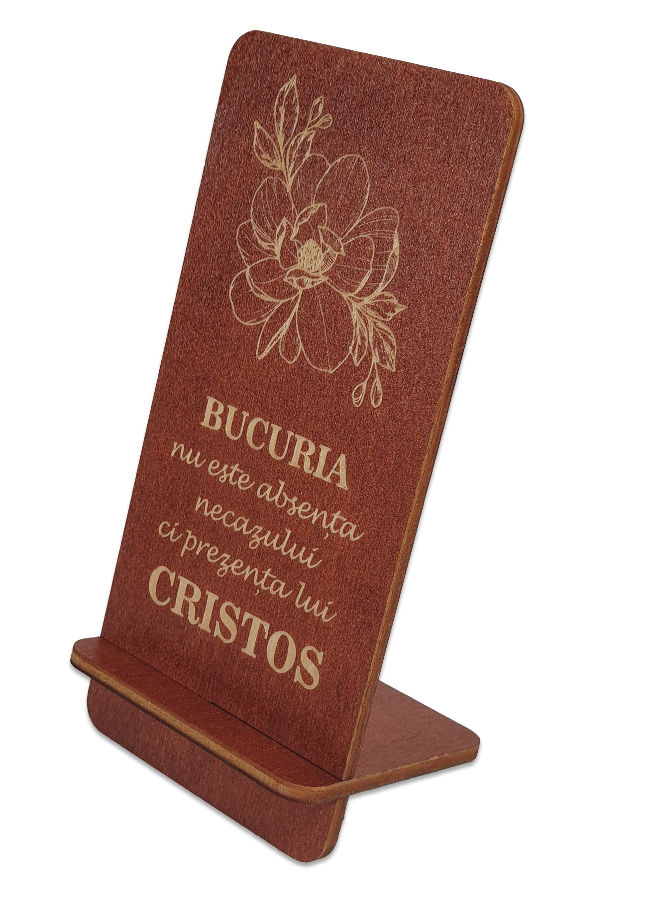 Suport telefon mobil, din lemn, culoare maro roscat, cu mesaj crestin - Bucuria Suport telefon mobil, din lemn, culoare maro roscat, cu mesaj crestin - Bucuria