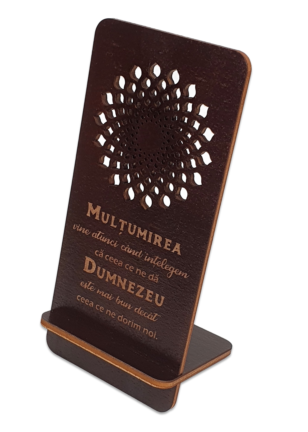 Suport telefon mobil, din lemn, culoare wenge, cu mesaj crestin - Multumirea Suport telefon mobil, din lemn, culoare wenge, cu mesaj crestin - Multumirea